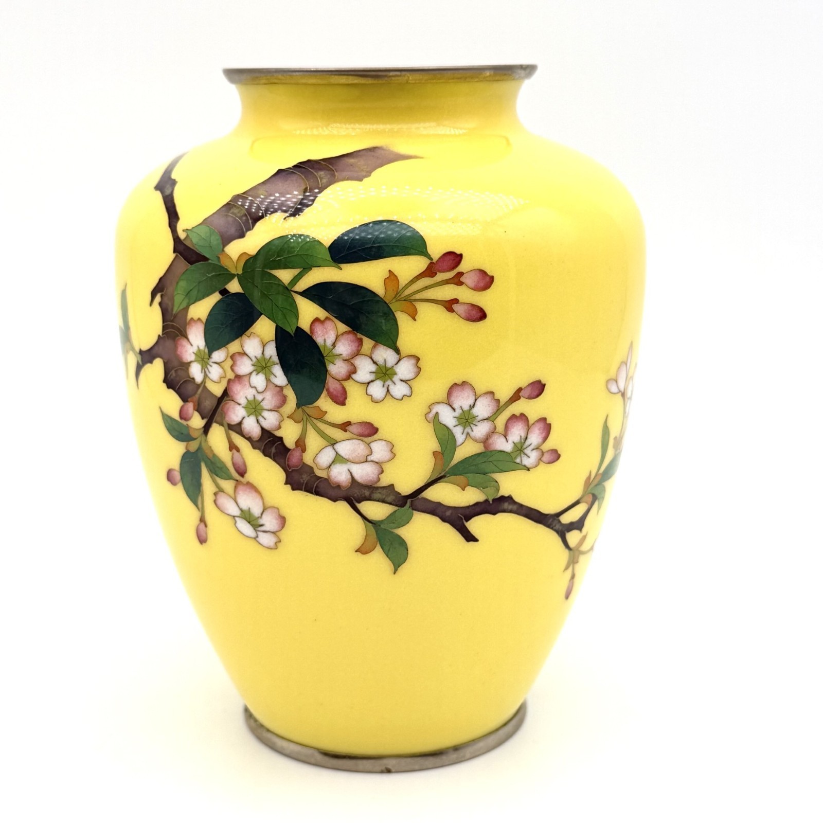 Vintage Japanese Yellow Cloisonne Vase Glass Enamel Cherry Blossoms 6\ Vintage Japanese Yellow Cloisonne Vase Glass Enamel Cherry Blossoms 6\