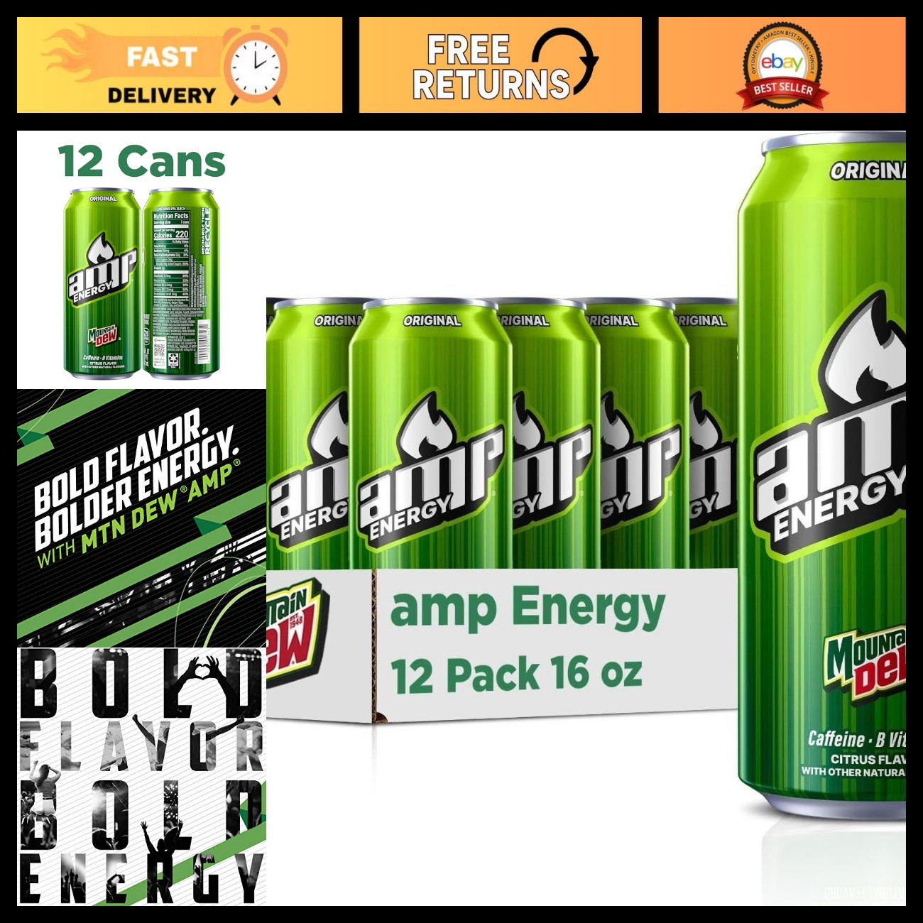 AMP Energy Drink Original, 16 fl oz Cans, 12 Pack - Refreshing Energy Boost AMP Energy Drink Original, 16 fl oz Cans, 12 Pack - Refreshing Energy Boost