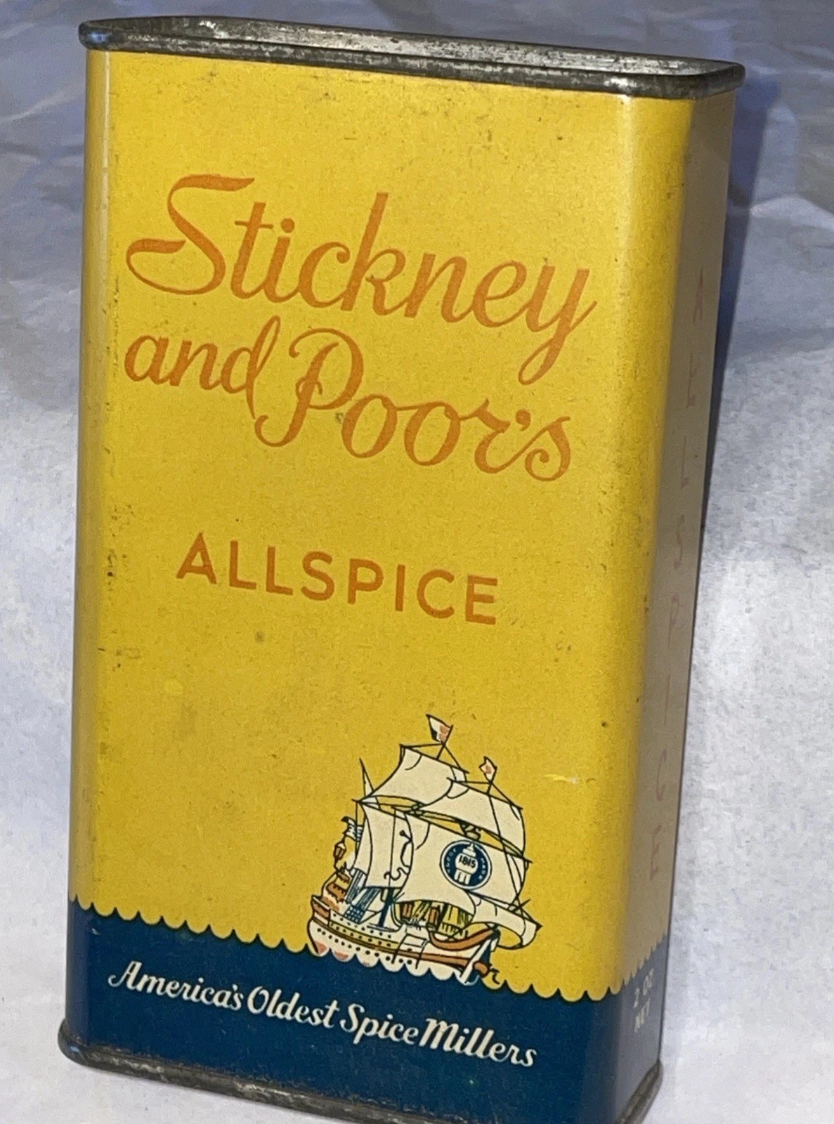 Vintage Stickney and Poors ALLSPICE 2 oz FULL spice tin nice Boston Tall Ship 