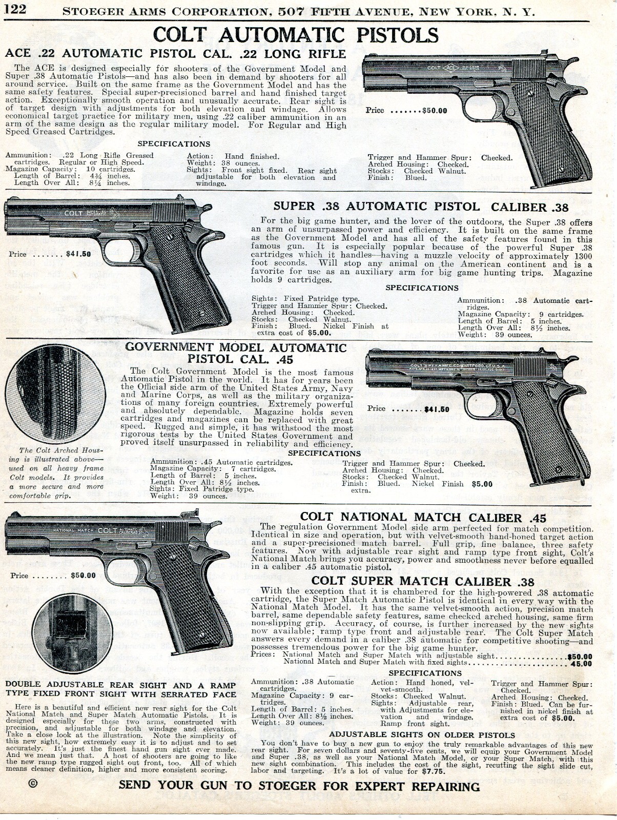 1939 Print Ad of Colt ACE 22 Auto Pistol, Super 38, Government Model 45