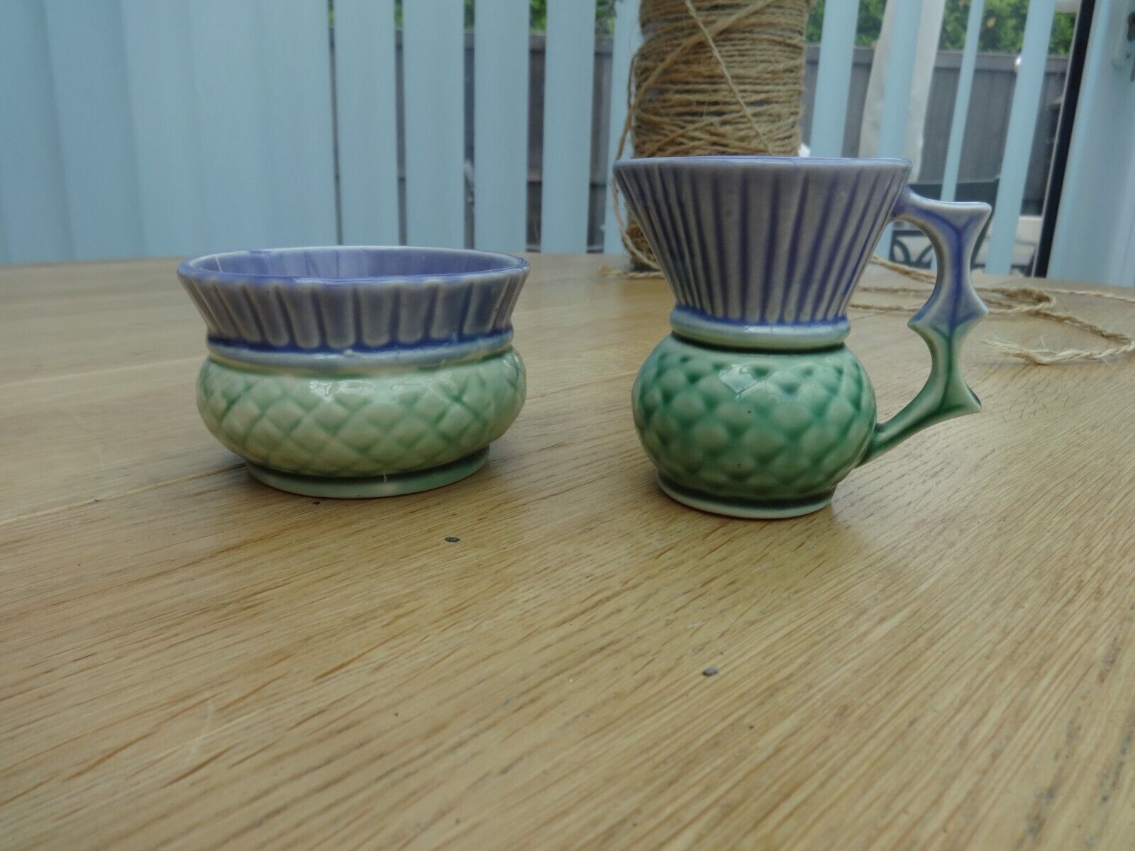 Vintage Clyde Ceramics Scotland Thistle Purple & Green Cream & Open Sugar Set