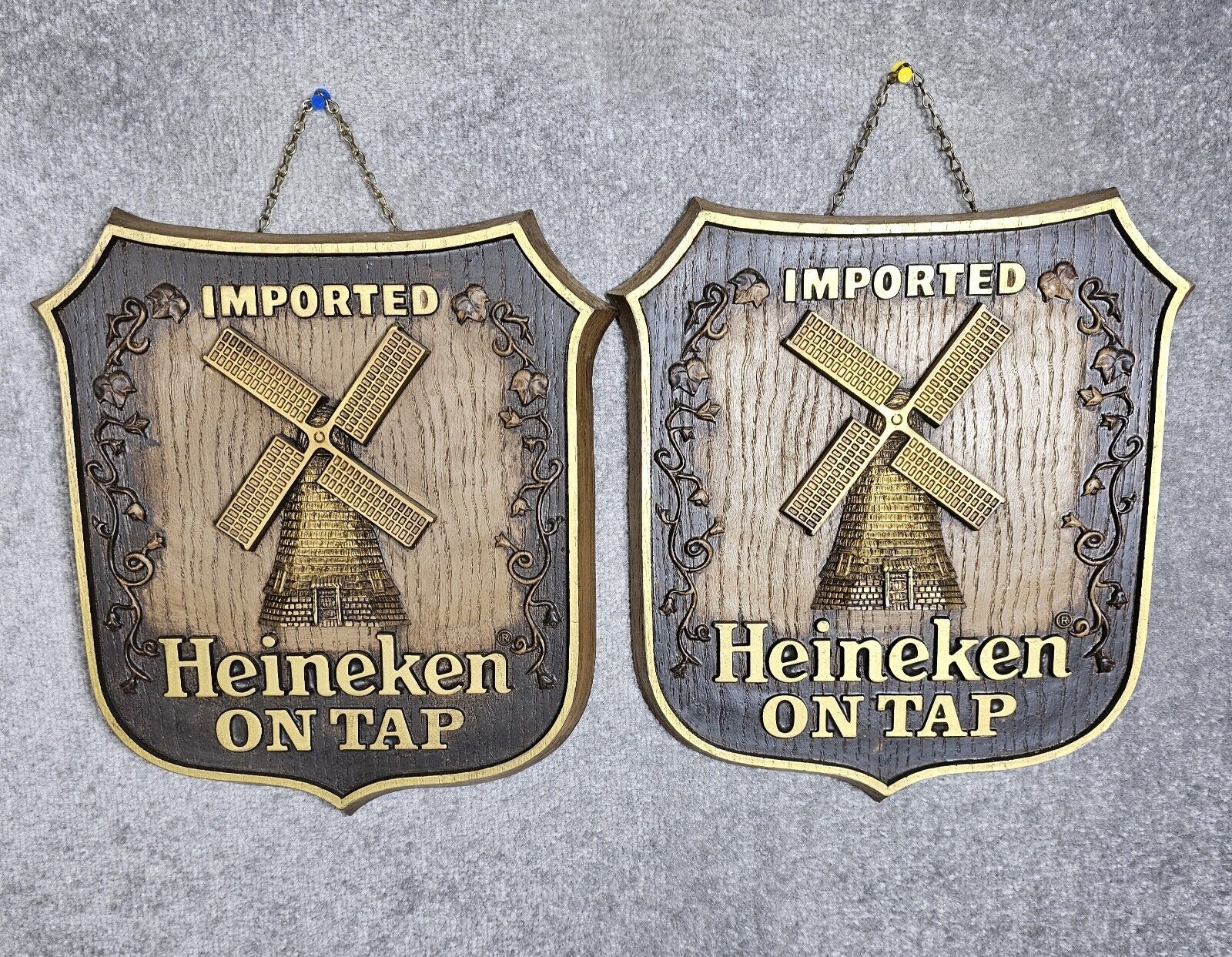 Vintage Imported Heineken On Tap Beer Signs 1980 1988 Set of 2 Barware Plaques