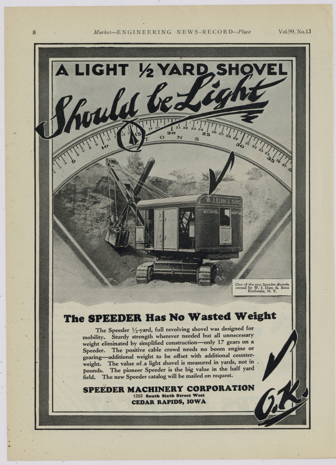 1927 Speeder Machinery Co Ad: W.J. Elam & Sons of Rochester, New York Contractor