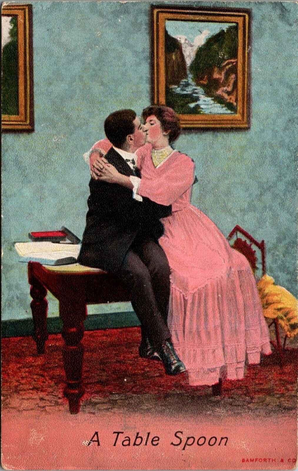 Vintage Postcard Lovers Couple Kissing On The Table Wedding A Table Spoon