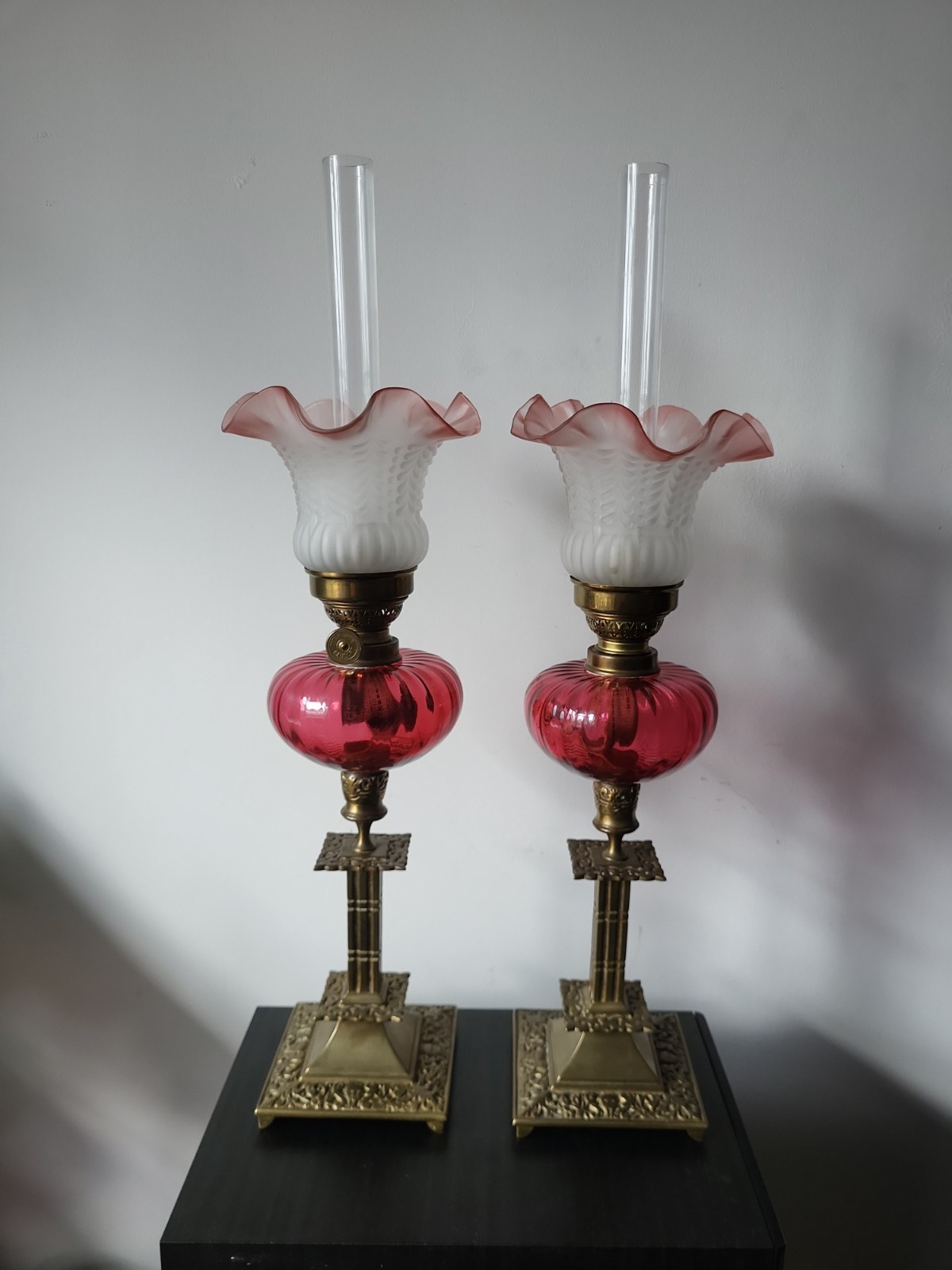 Pair Stunning Antique French Gaudard Cranberry Glass Oil Lamps Matching 20