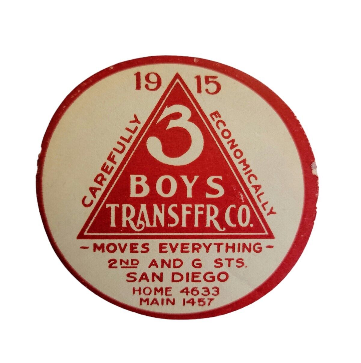 1915 3 Boys Transfer Moving Co. Decal Gum Intact San Diego CA Advertising Unique