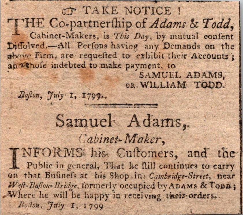 Dissolved Partnership Samuel Adams & Todd July 1799 Boston 1799 Clipping 5AK9-M7 Dissolved Partnership Samuel Adams & Todd July 1799 Boston 1799 Clipping 5AK9-M7