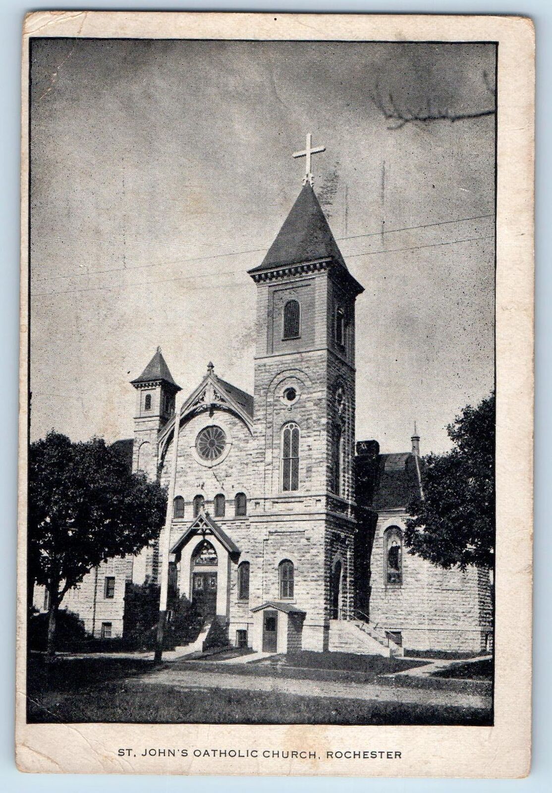 1911 St. Johns Catholic Church Building Cross Tower Rochester Minnesota Postcard