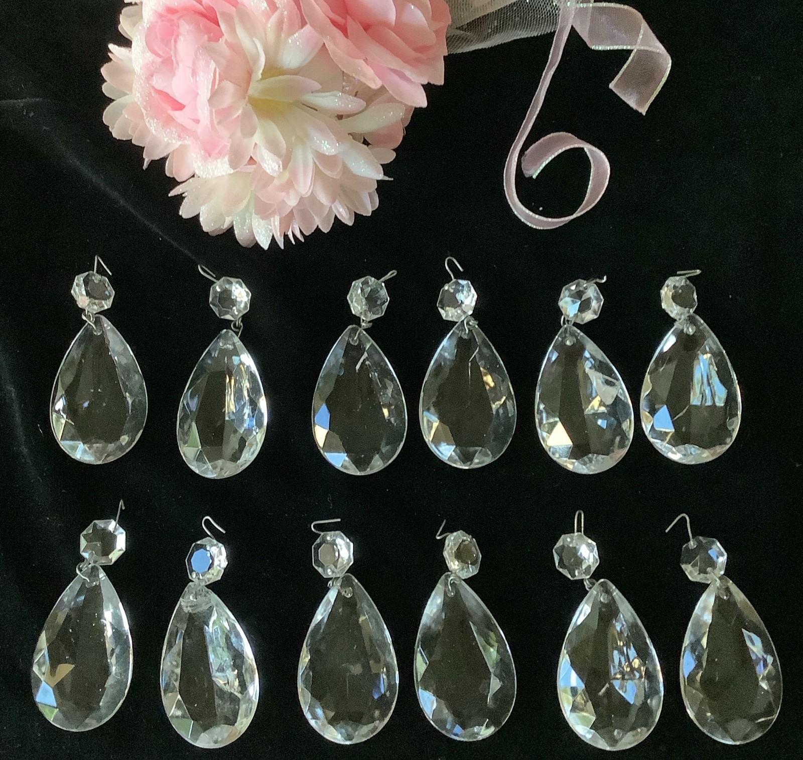 12 Vintage Crystal Prisms Tear Drop Pendants Faceted + Bead Chandelier Lamp Part