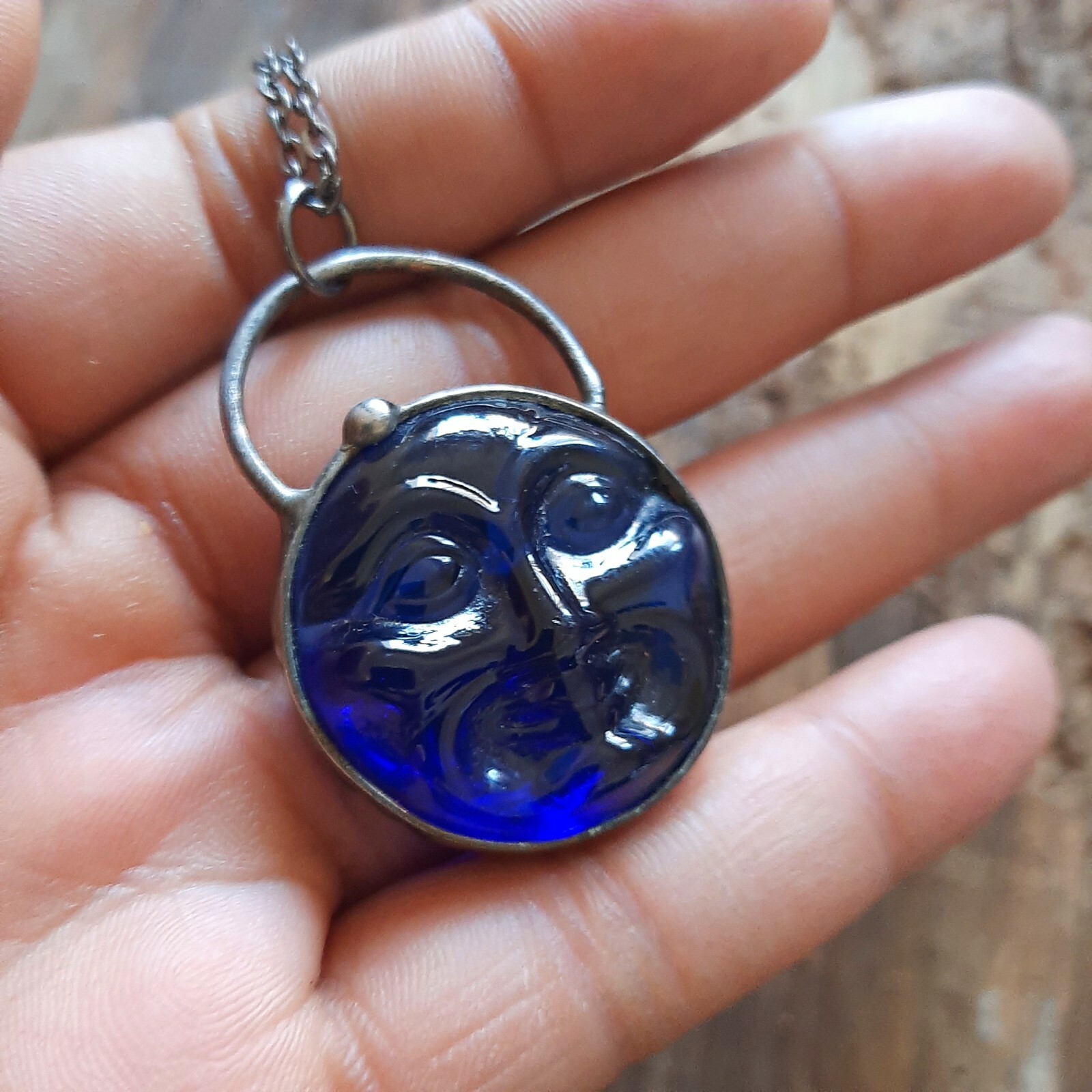 Vintage glass wiccan Moon face necklace celestial moon phase gothic magic