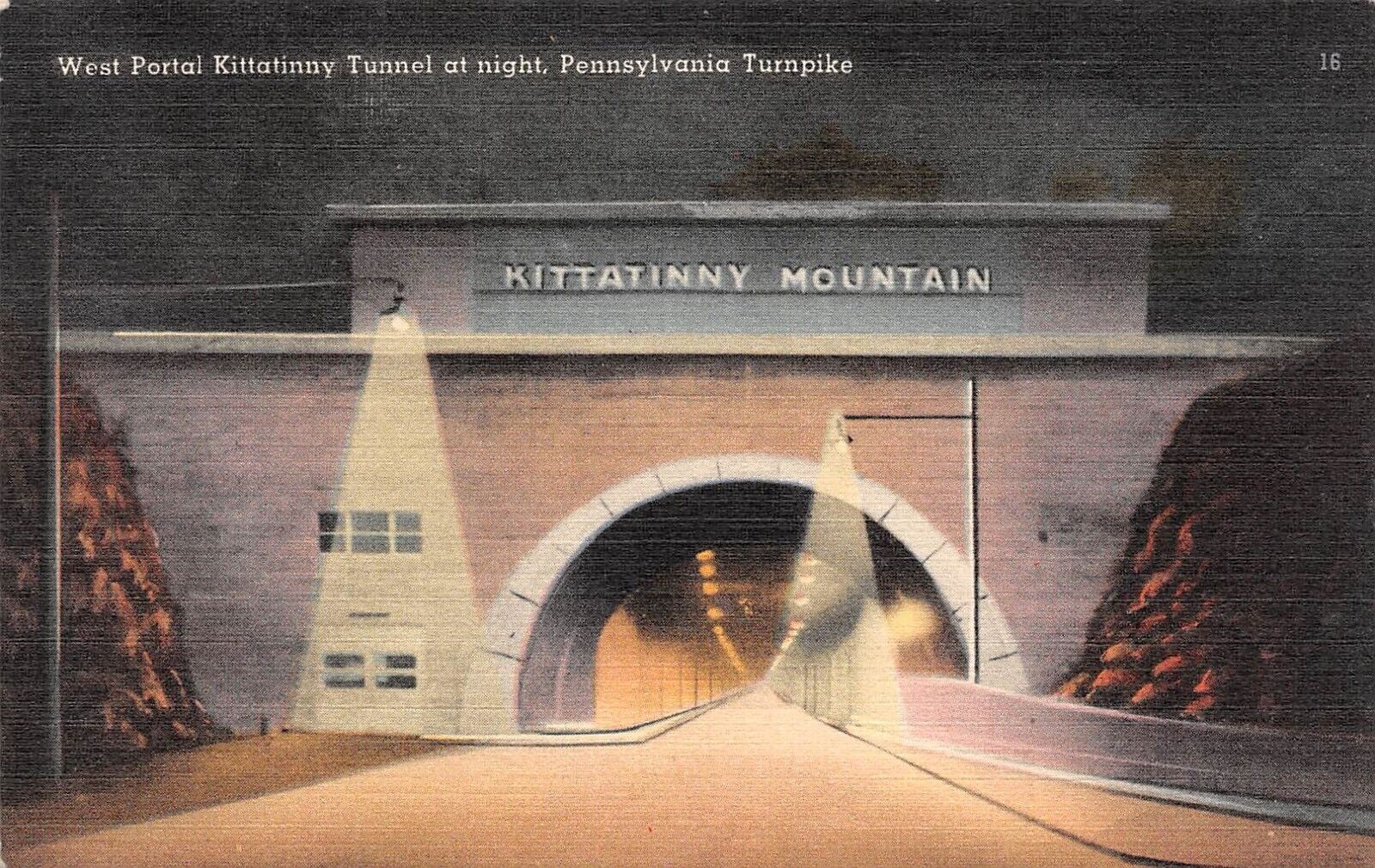 West Portal Kittatinny Tunnel Night View Pennsylvania Turnpike Linen Postcard