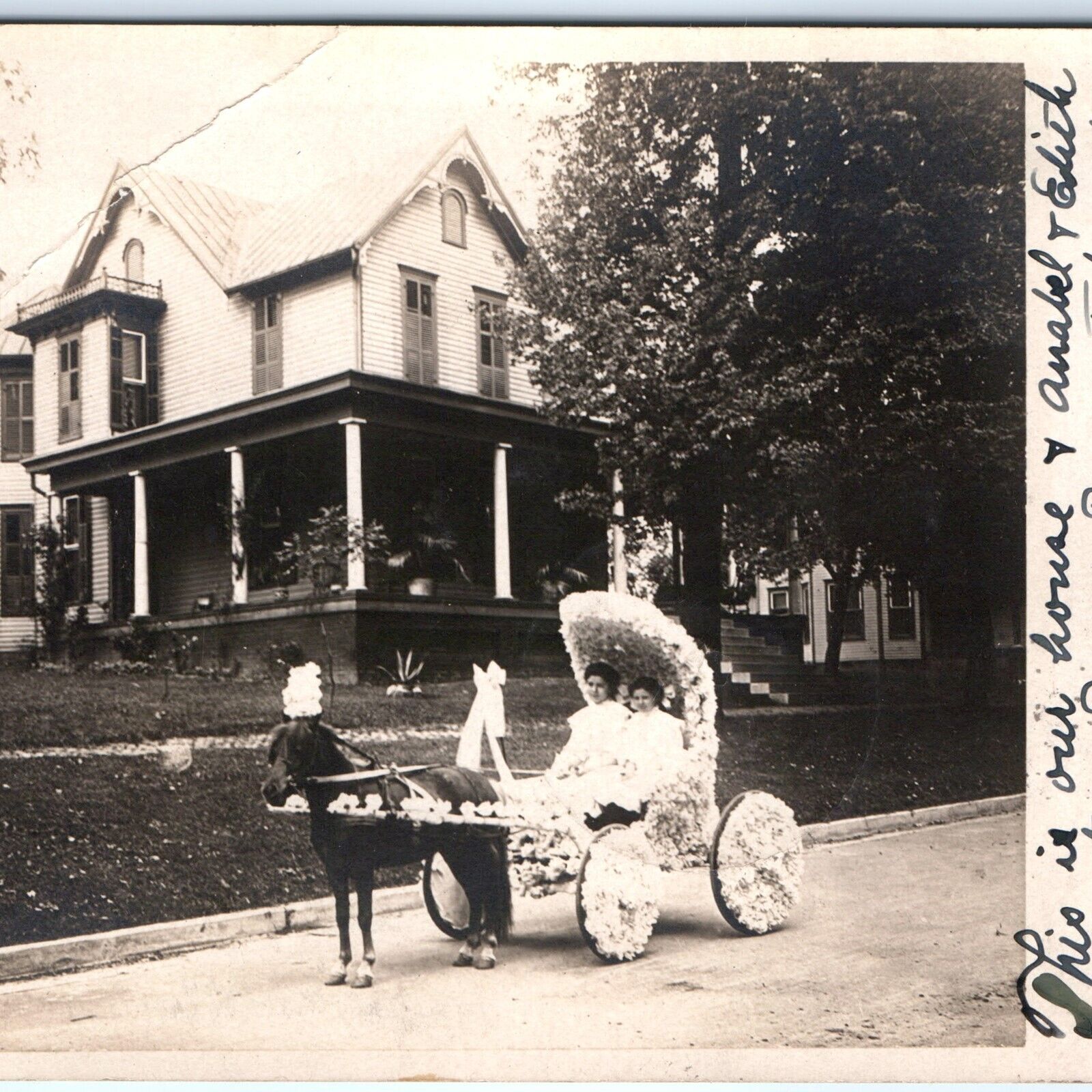 c1910s Adorable Girls Floral Buggy Pony RPPC Folk Victorian Eastlake House A155