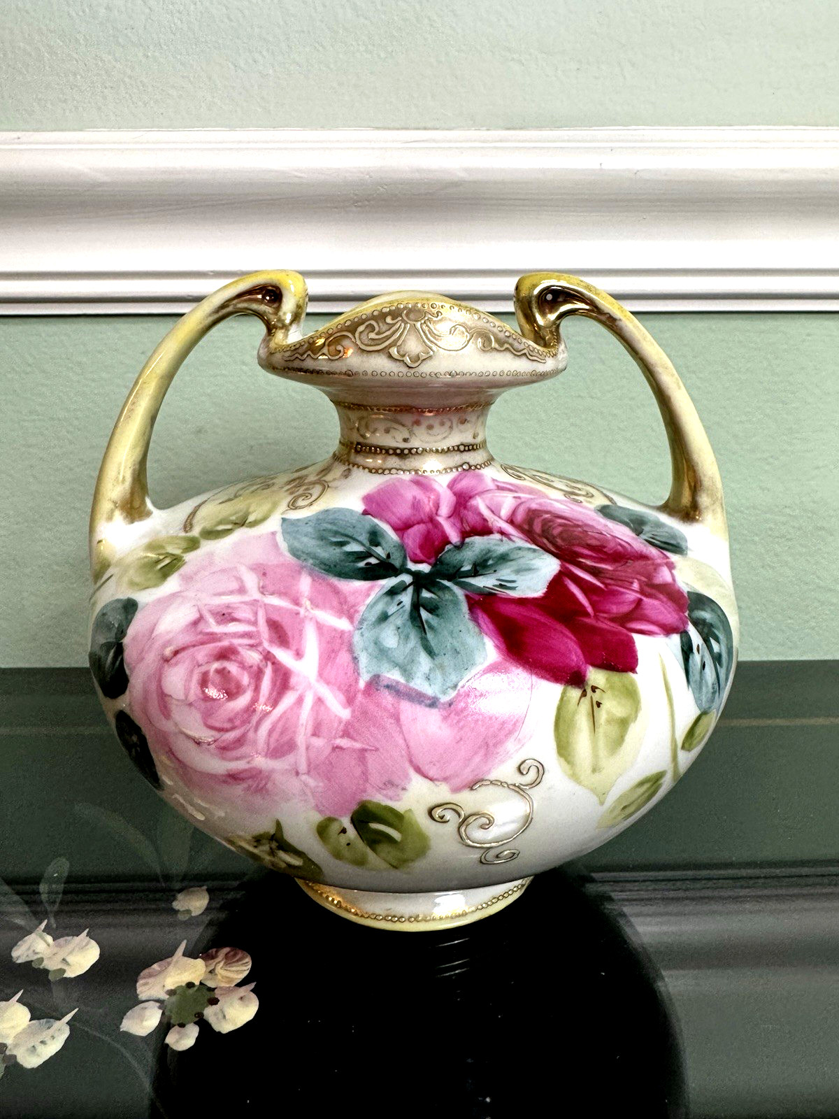 Antique Nippon Double Handled Vase Victorian Roses Gold Gilded Porcelain Signed