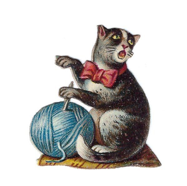 1888 Chromo decoupis, Victorian CAT BLUE YARN BALL, Antique Die-Cut Scrap, 1-1/2