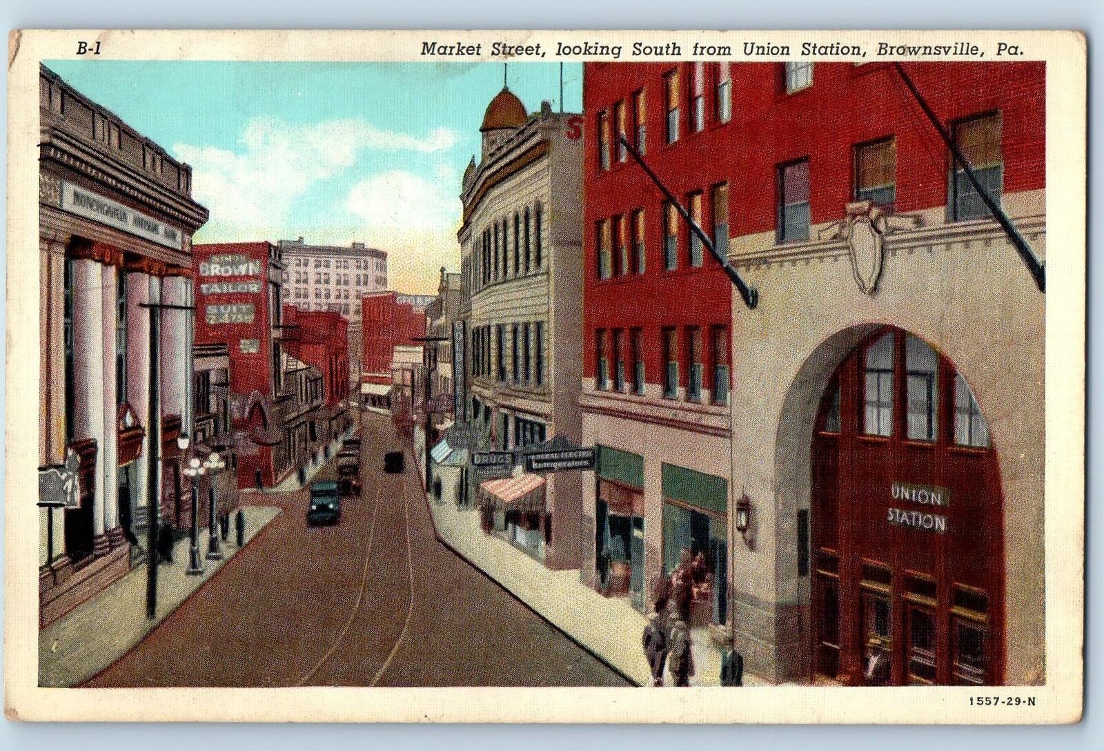 Brownsville Pennsylvania Postcard Market St. Looking South Union Station c1940s