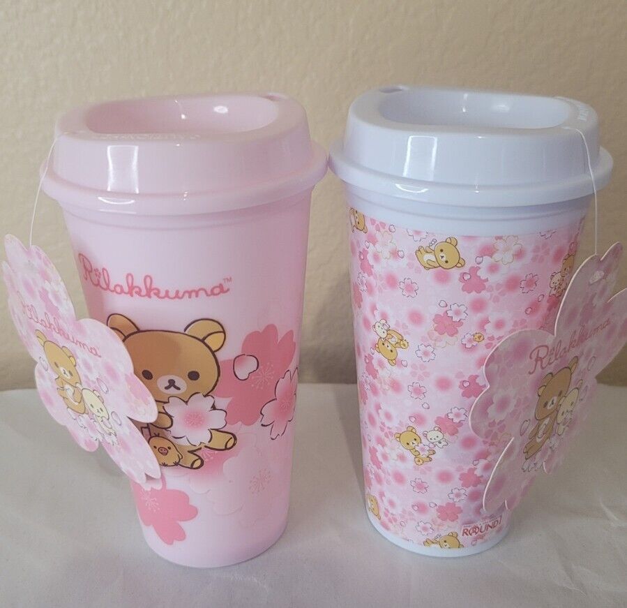 (2) New Rilakkuma Brown Bear Friends Pink Reusable Plastic Cups 16oz Round 1 NWT