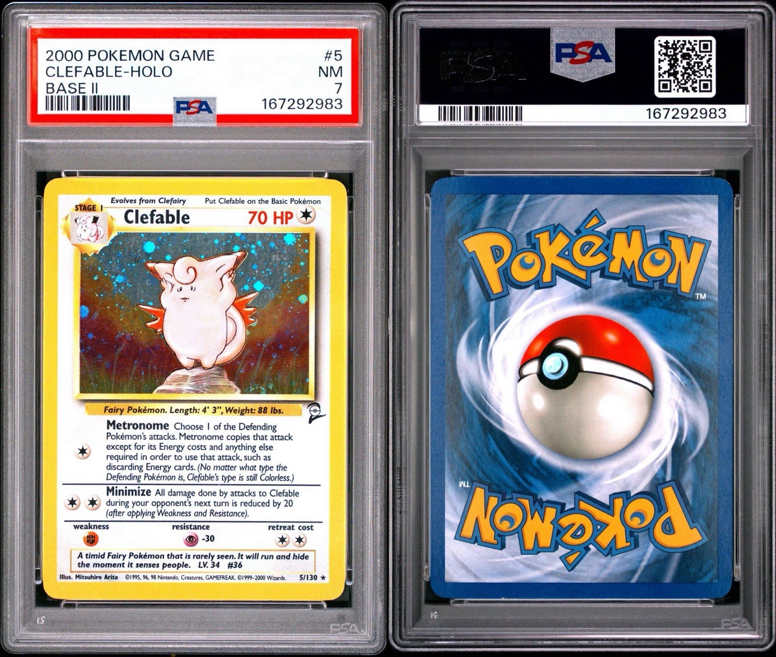 2000 Pokémon Base Set II Clefable Holo #5/130 English Wizards PSA 7 2000 Pokémon Base Set II Clefable Holo #5/130 English Wizards PSA 7