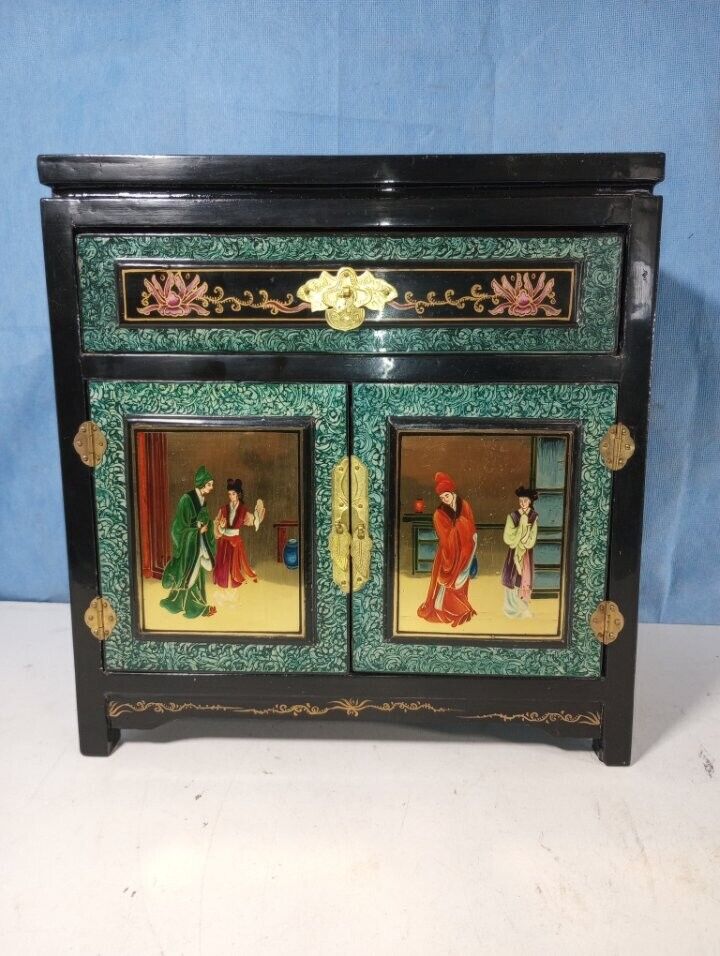 Vintage Asian Hand Painted Lacquer Cabinet ~
