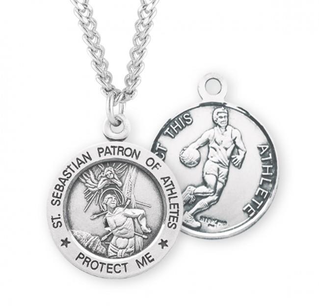 Saint Sebastian Round Sterling Silver Basketball Male Athlete Medal 1.0in x0.8in