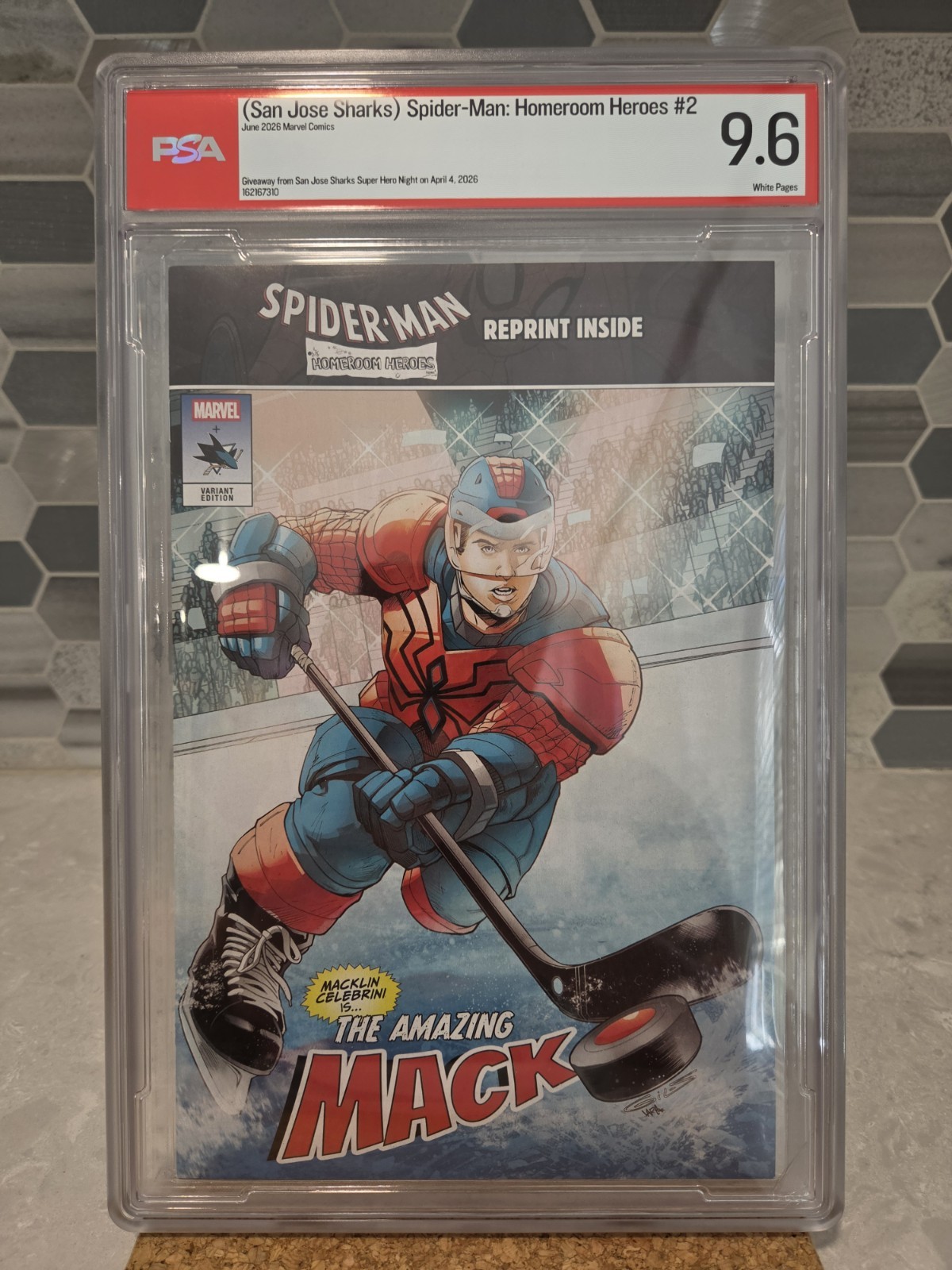 2026 SJ Shark Marvel SpiderMan Homeroom Heroes 2 Macklin Celebrini Cover PSA 9.6