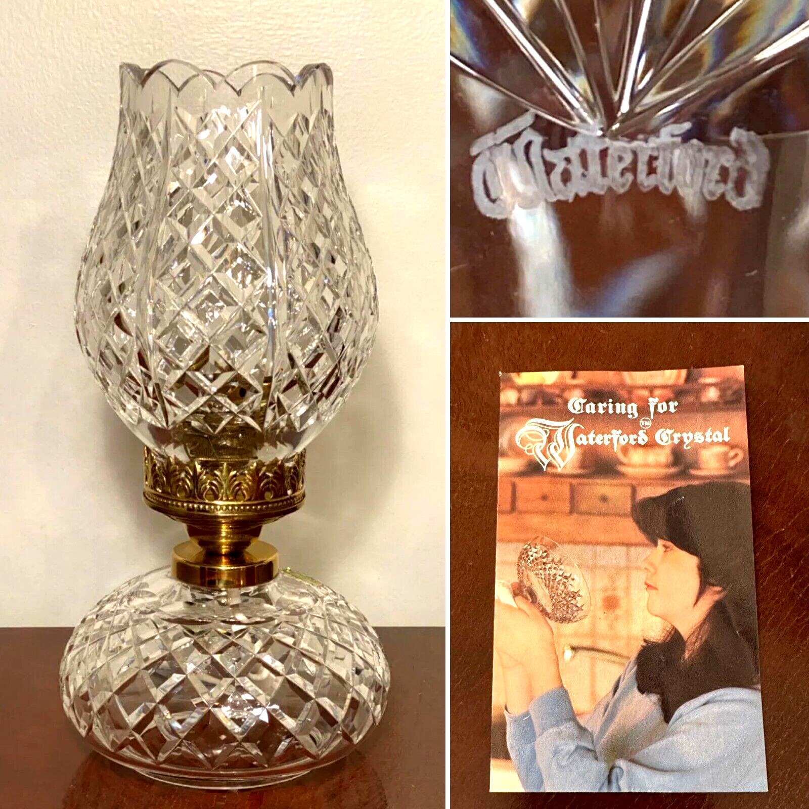New/Unused Vtg 1960's WATERFORD CRYSTAL L4 Electric 2-Pc Hurricane Lamp IRELAND