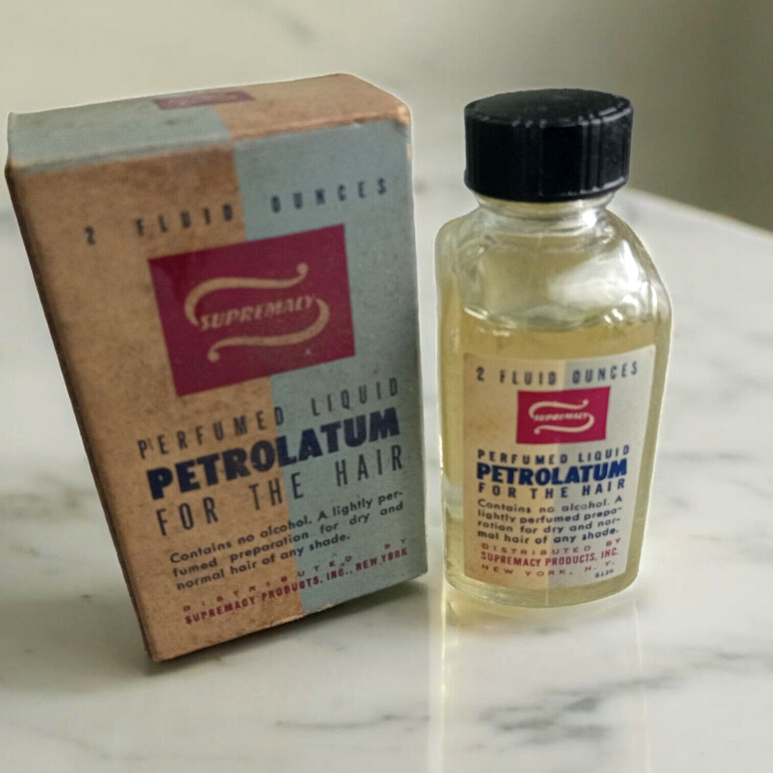 RARE VIntage SUPREMACY Perfumed Liquid Petrolatum HAIR OIL Glass Bottle Box NOS