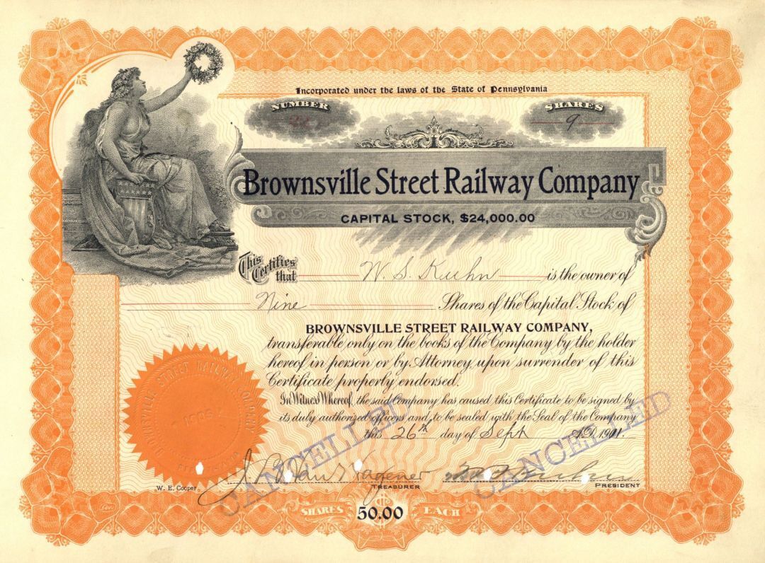 Brownsville Street Railway Co. - 1905-16 dated Railroad Stock Certificate - Penn