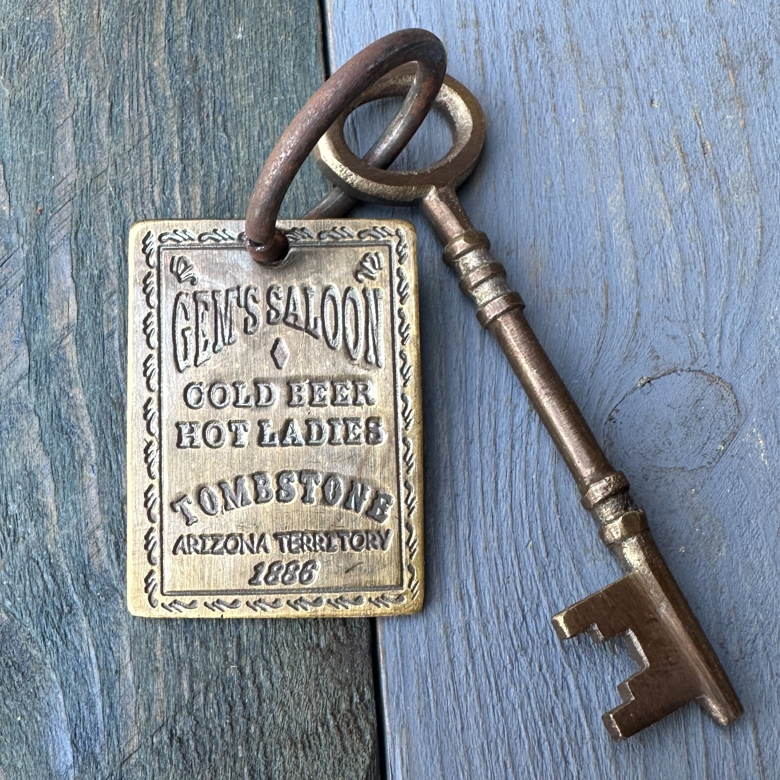 Gem's Saloon 1886 Tombstone Brothel Room Brass Tag & Key With Antique Finish Gem's Saloon 1886 Tombstone Brothel Room Brass Tag & Key With Antique Finish