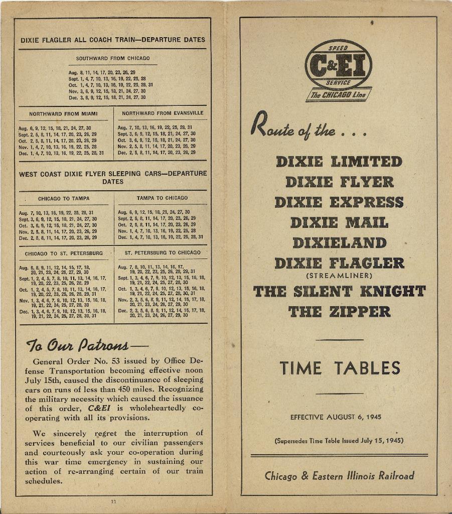 WWII 1945 C&EI Chicago & Eastern Illinois Railroad Timetables \