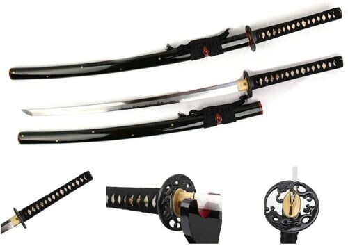 Black Tempered Folded Steel Katana Battle Ready Japanese Samurai Sword Wood Saya
