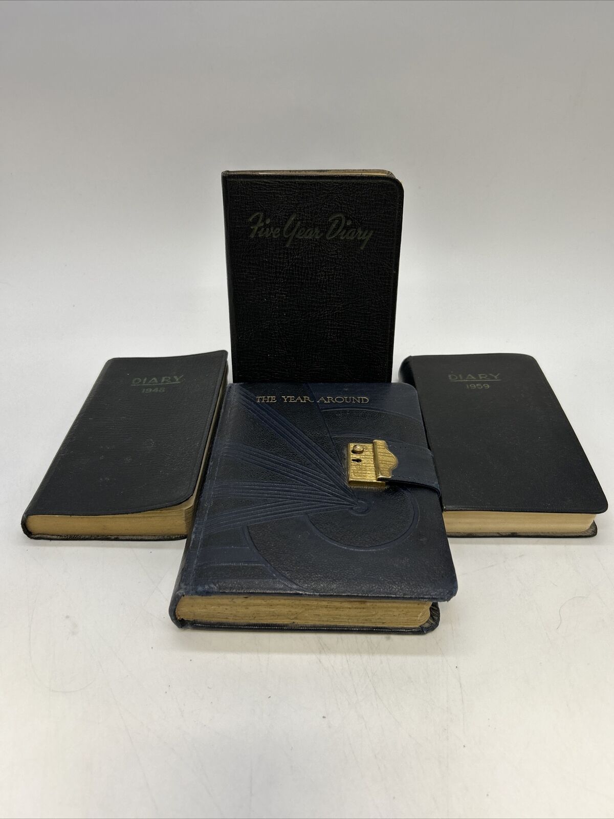 Vintage 1930s-1950s Four Small Black Leather Personal Yearly Diaries