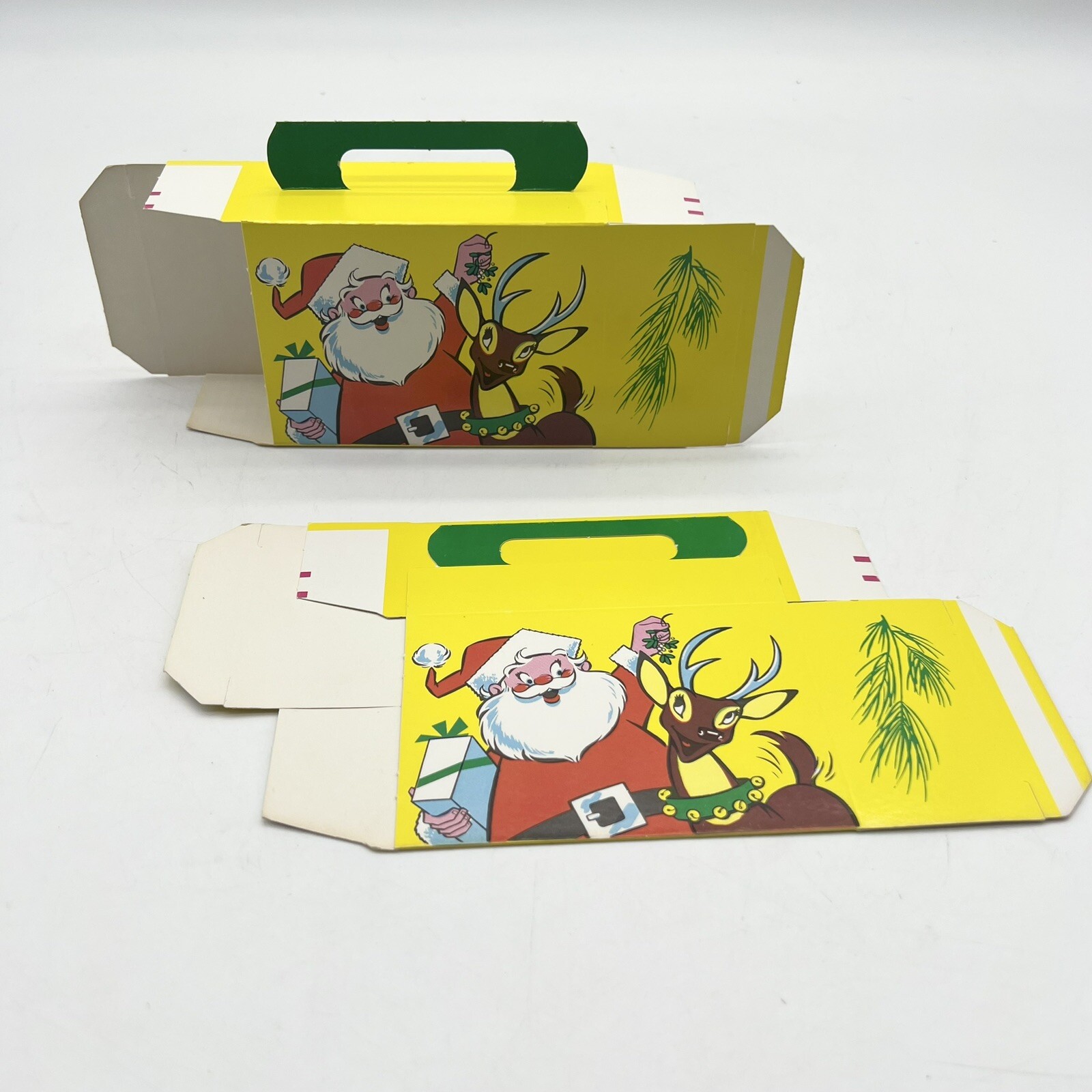 2-Vtg 50s 60s Merry Christmas Santa's Deer Paper Fold Gift Candy Boxes w/ Handle 2-Vtg 50s 60s Merry Christmas Santa's Deer Paper Fold Gift Candy Boxes w/ Handle