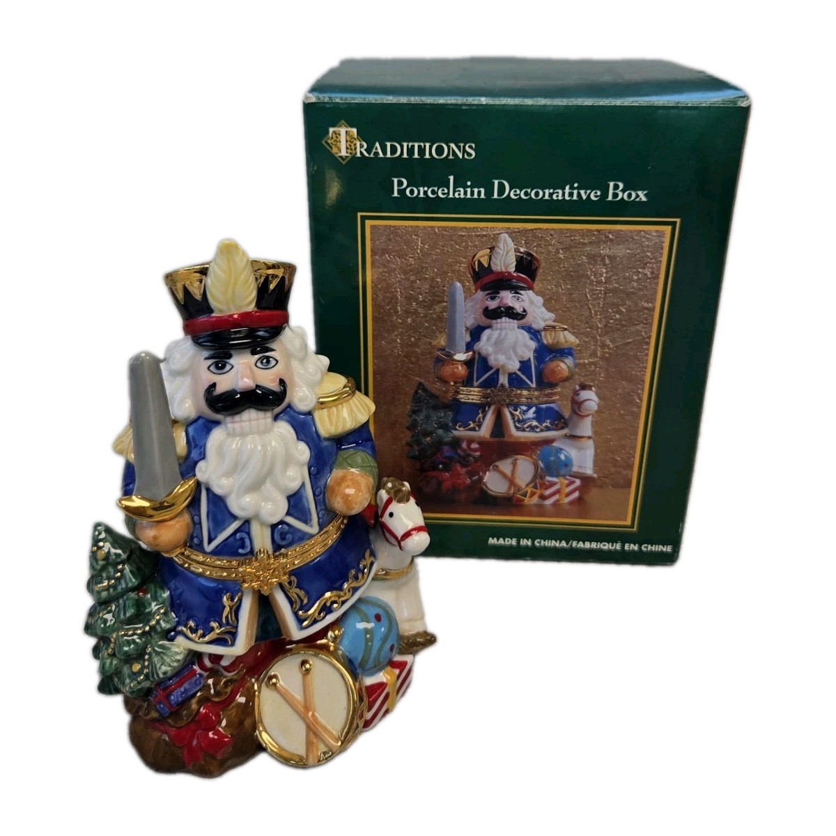 Traditions Porcelain Hinged Trinket Box Nutcracker Hand Painted Decorative New