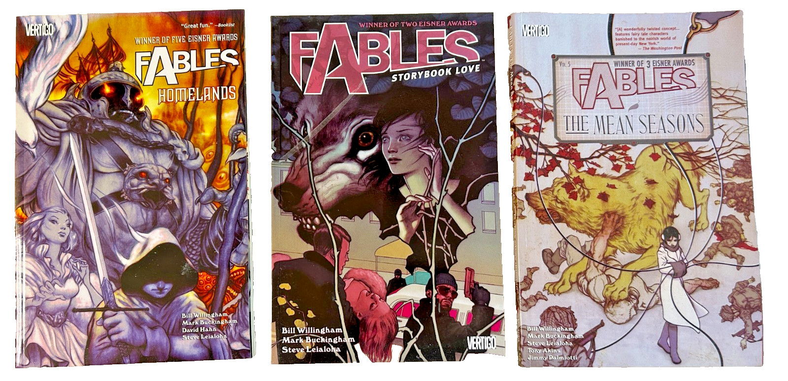 FABLES  THREE (3) Trade Paperbacks: HOMELAND, STORYBOOK LOVE & MEAN SEASONS