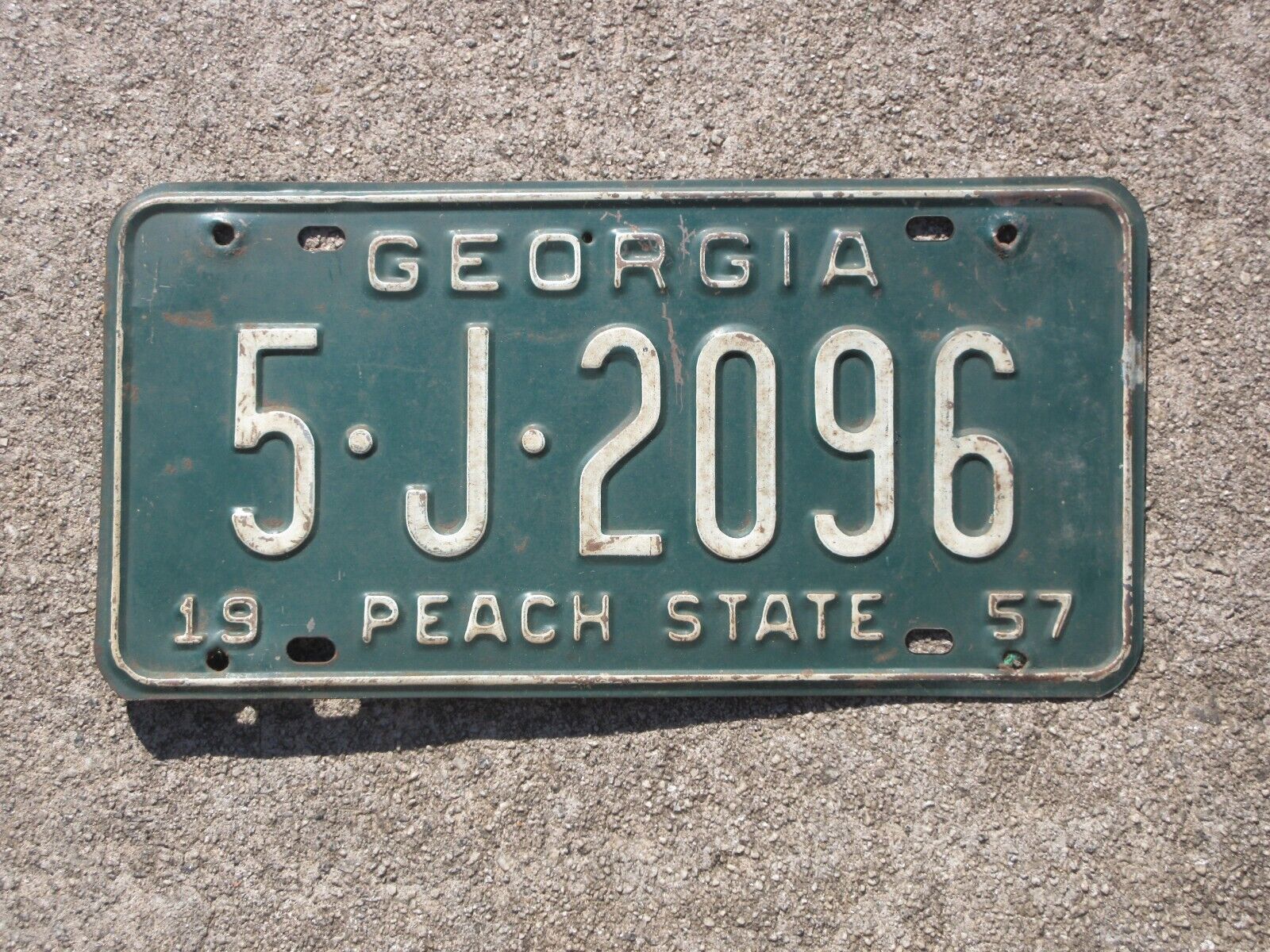1957 Georgia License Plate 5 J 2096 GA Chevrolet Ford Chevy Bibb County Macon
