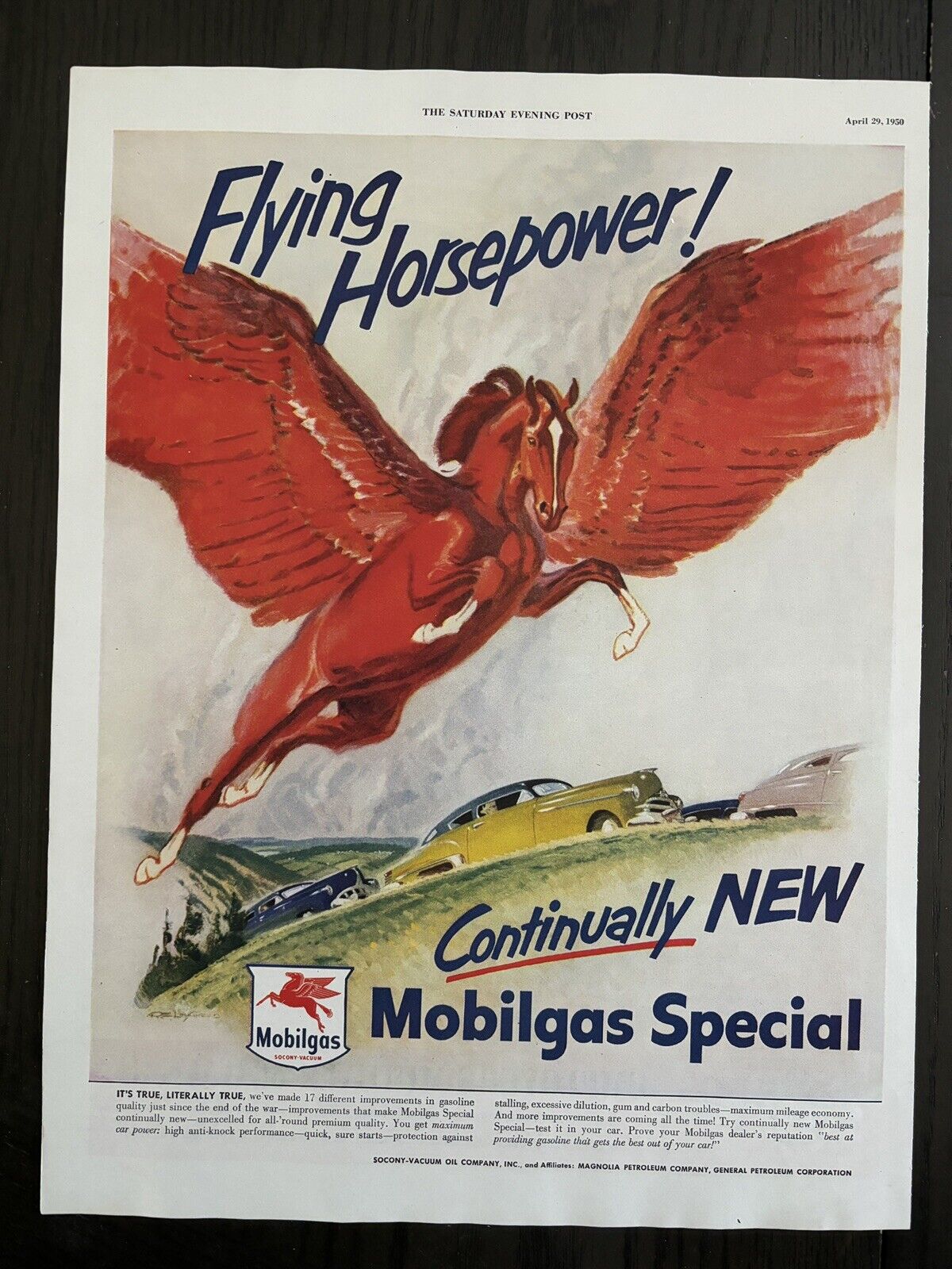 MOBILGAS SOCONY VACUUM FLYING HORSEPOWER PETROLEUM VINTAGE PRINT AD 1950