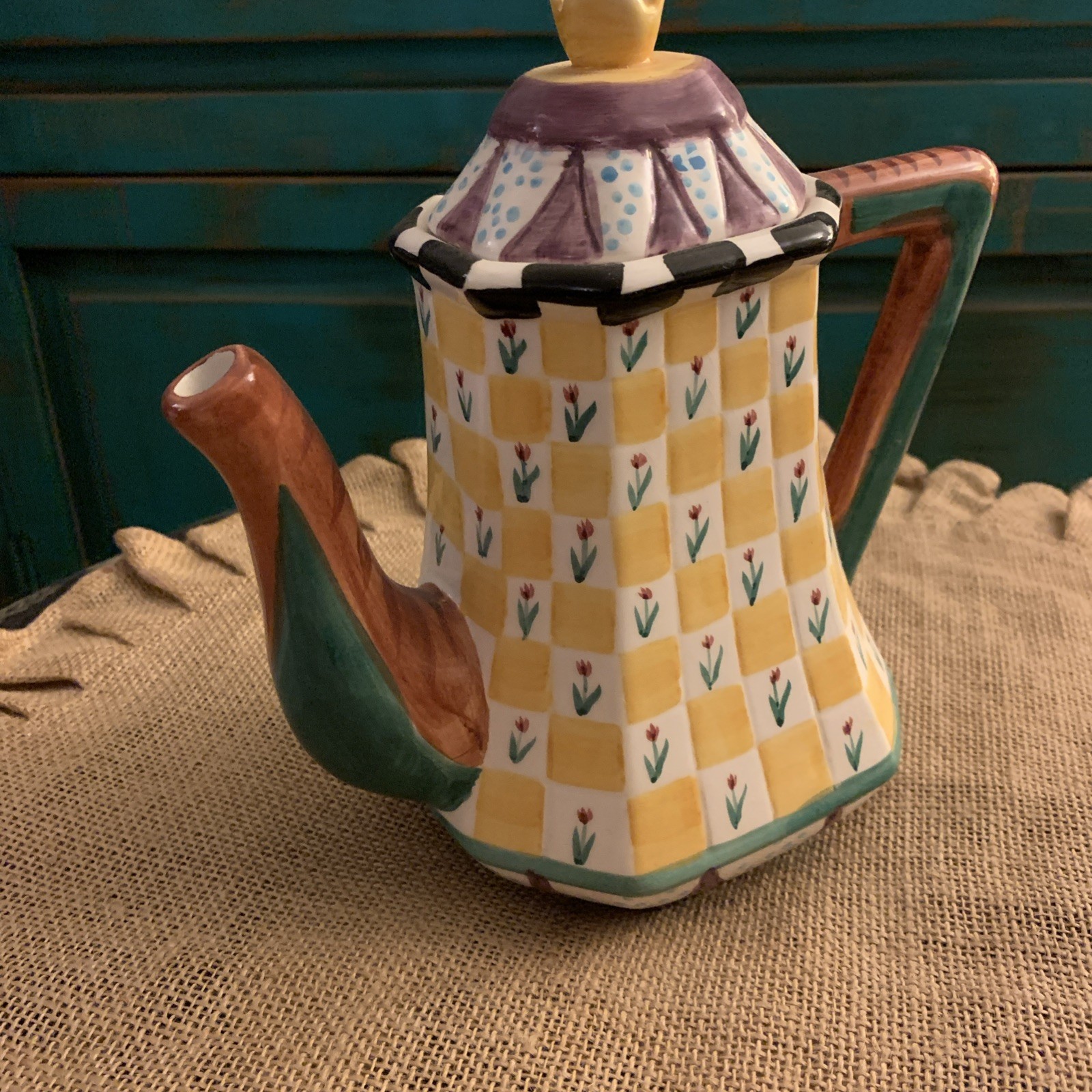 VINTAGE BELLA CASA TEAPOT BY GANZ  COLORFUL HAND PAINTED WHIMSICAL TEA POT  8\