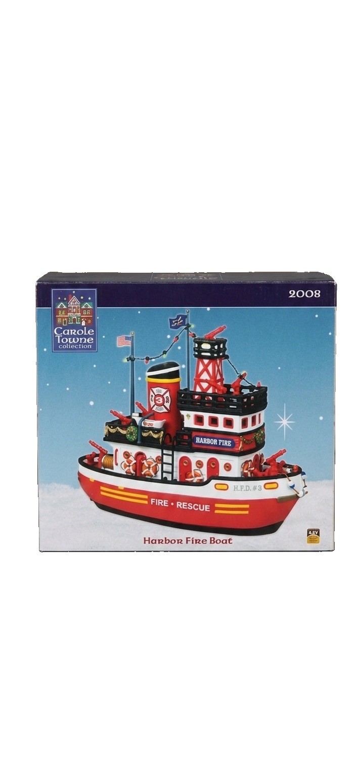 RARE VTG 2008 LEMAX Carole Towne Harbor Fire Rescue Boat Light Up w Box & Cables RARE VTG 2008 LEMAX Carole Towne Harbor Fire Rescue Boat Light Up w Box & Cables