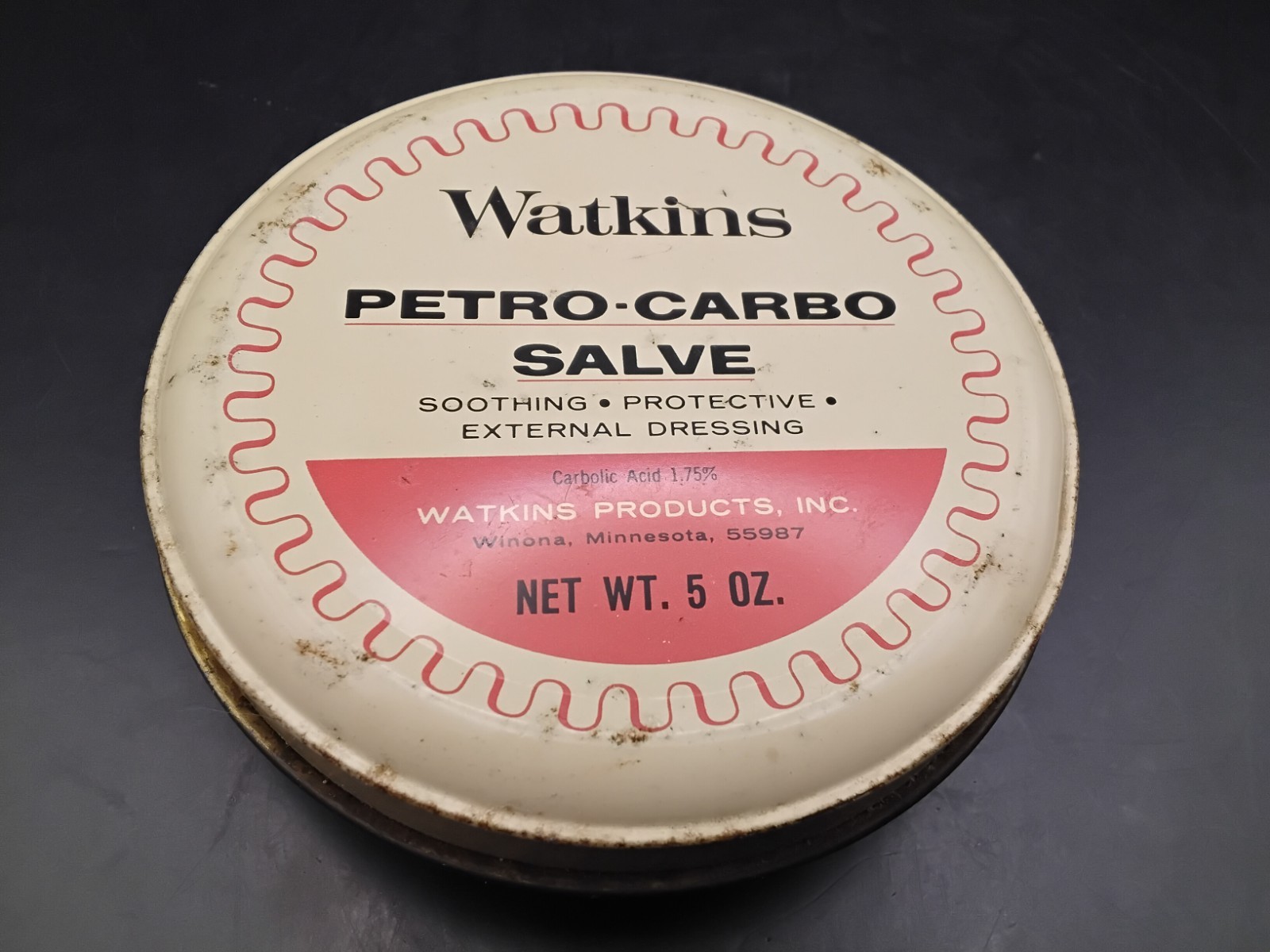 (MM) Vintage Watkins Petro-Carbo Salve Tin 5 oz 75% Full (MM) Vintage Watkins Petro-Carbo Salve Tin 5 oz 75% Full