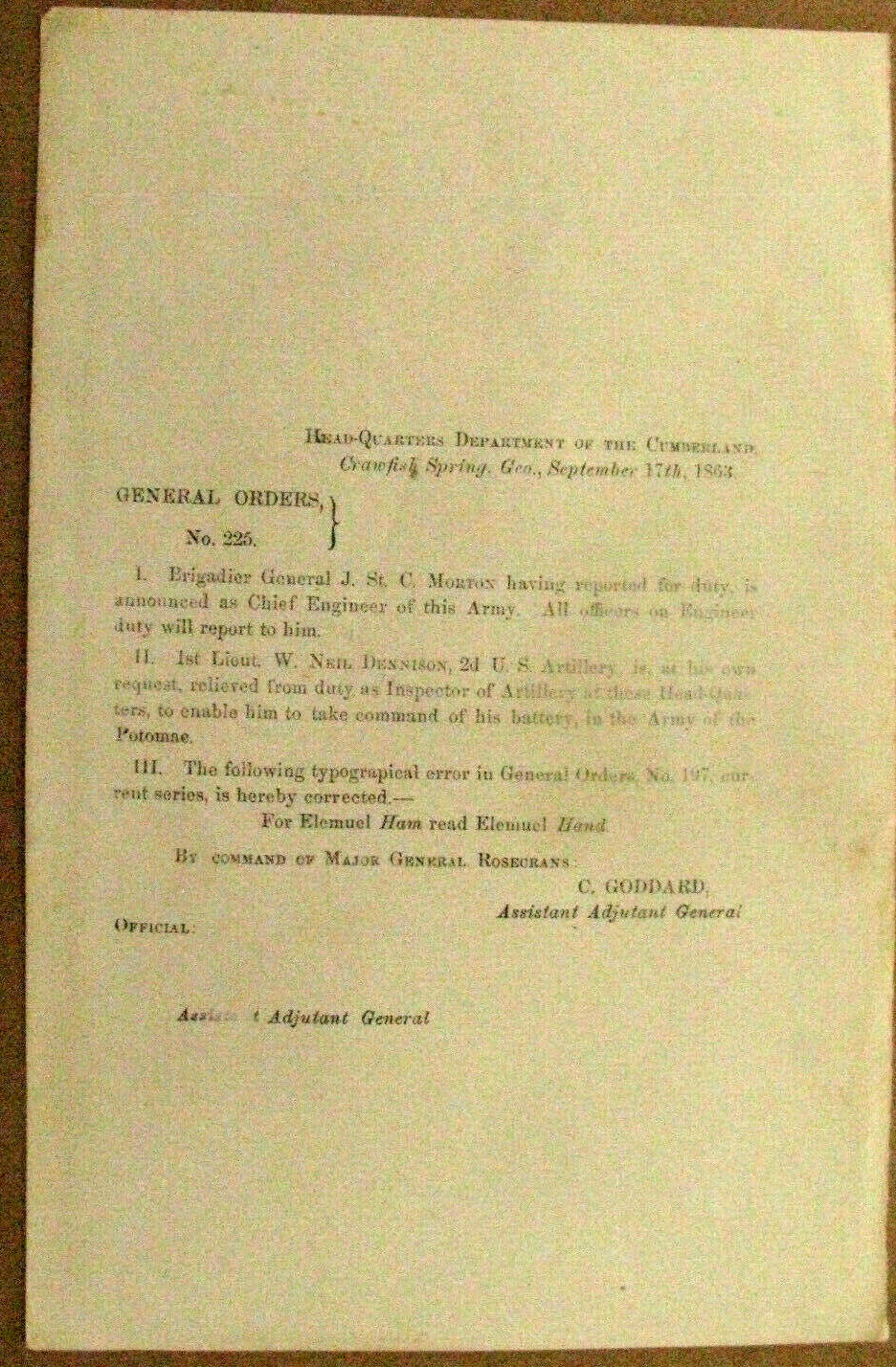 CIVIL WAR CHICKAMAUGA GEORGIA  CRAWFISH SPRINGS BATTLE OF  CHICKAMAUGA ORDER 186