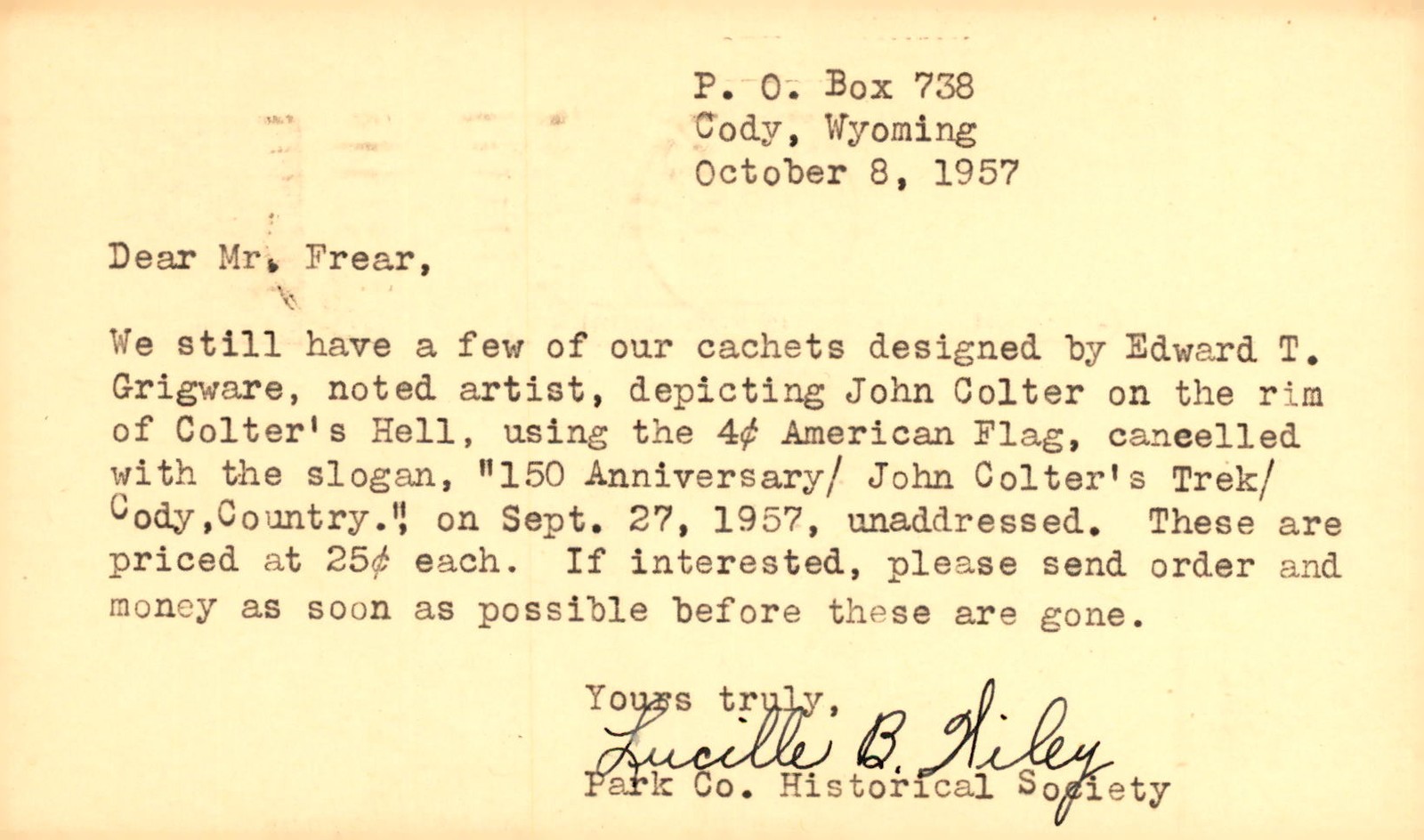 cachets, Edward T. Grigware, John Colter, Colter\'s Hell, American Postcard