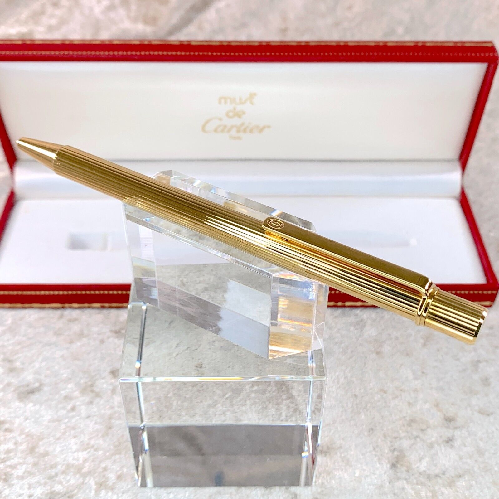 Vintage Cartier Ballpoint Pen must Ⅱ 18k Gold Finished Godron with Case