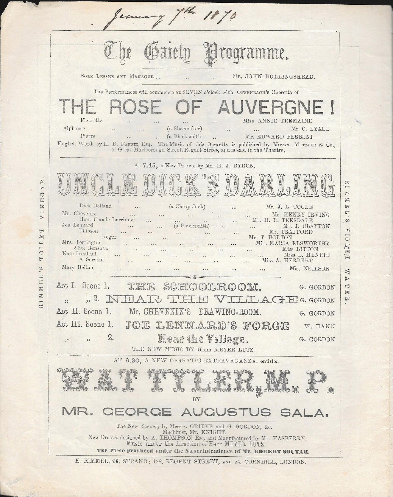 1870 Gaiety, London Program UNCLE DICK\'S DARLING & WAT TYLER 1870 Gaiety, London Program UNCLE DICK\'S DARLING & WAT TYLER