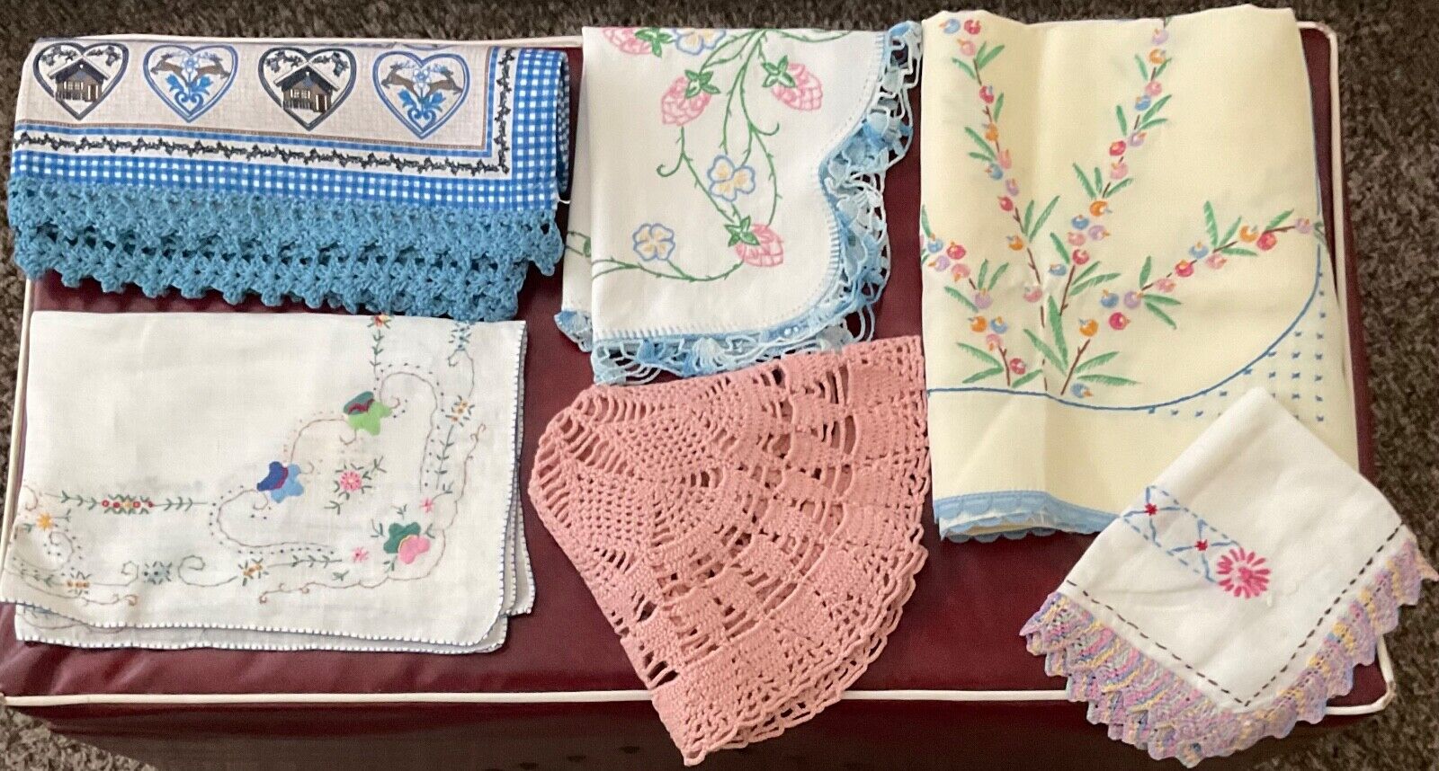 Delicate  Lot of 6 Embroidered * Crochet Pink & Blue VTG Table Linens.