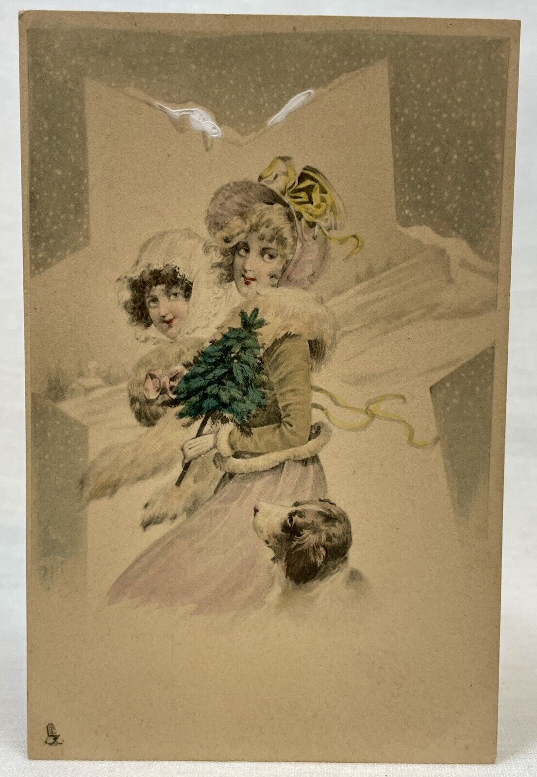 Tuck & Sons | Art Deco Nouveau | Snow Scene In Star | Grey Hand-Color Girls 559