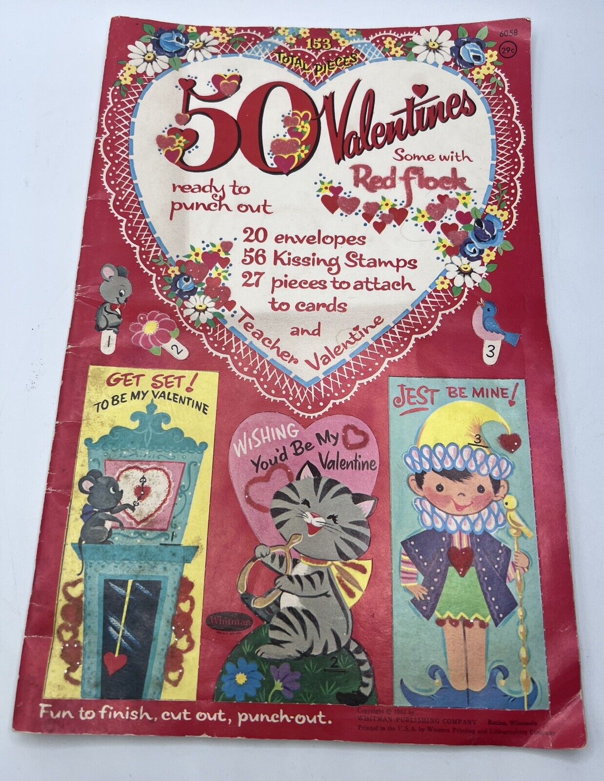 Vintage 1963 Whitman Valentine Card Book 50 Valentines Some W/ Red Flock Unused