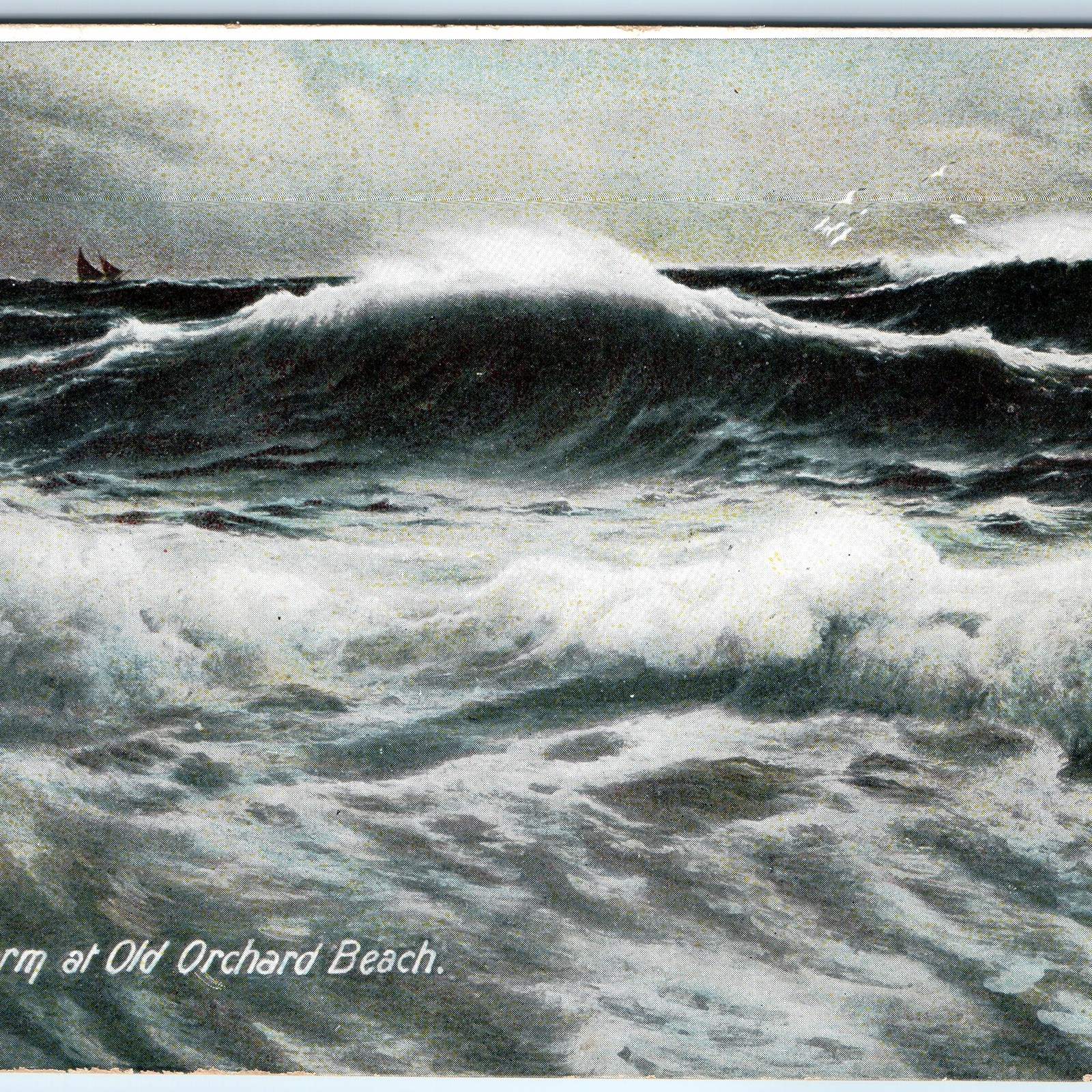 c1900s Old Orchard Beach, ME Ocean Waves Storm Leighton Postcard Sailboat Maine c1900s Old Orchard Beach, ME Ocean Waves Storm Leighton Postcard Sailboat Maine