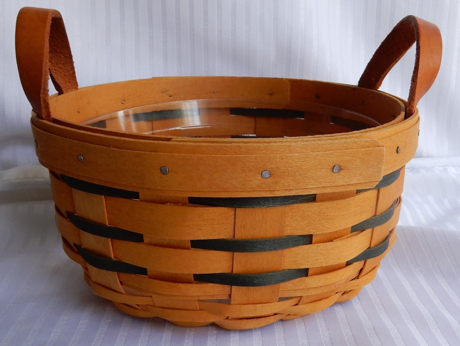Longaberger 2001 Small Round Basket Leather Handles & Protector Insert Longaberger 2001 Small Round Basket Leather Handles & Protector Insert
