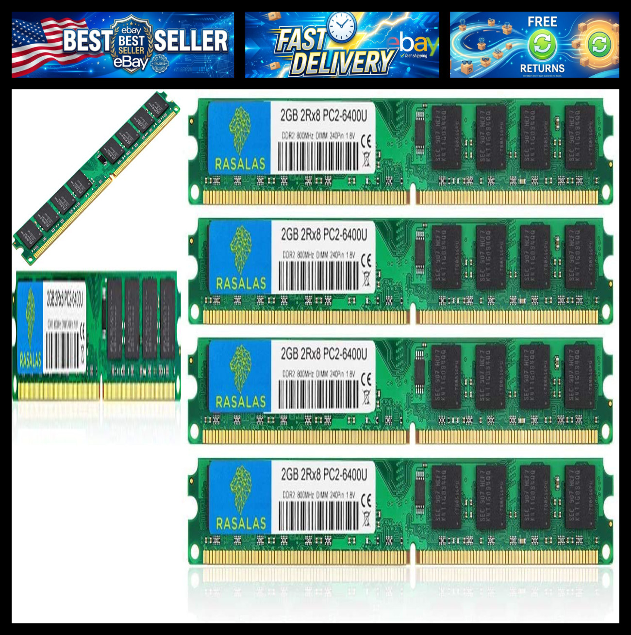 Rasalas DDR2 8GB Kit (4X 2GB) DDR2-800 PC2-6400 Udimm 2RX8 1.8V CL6 240-Pin Non-