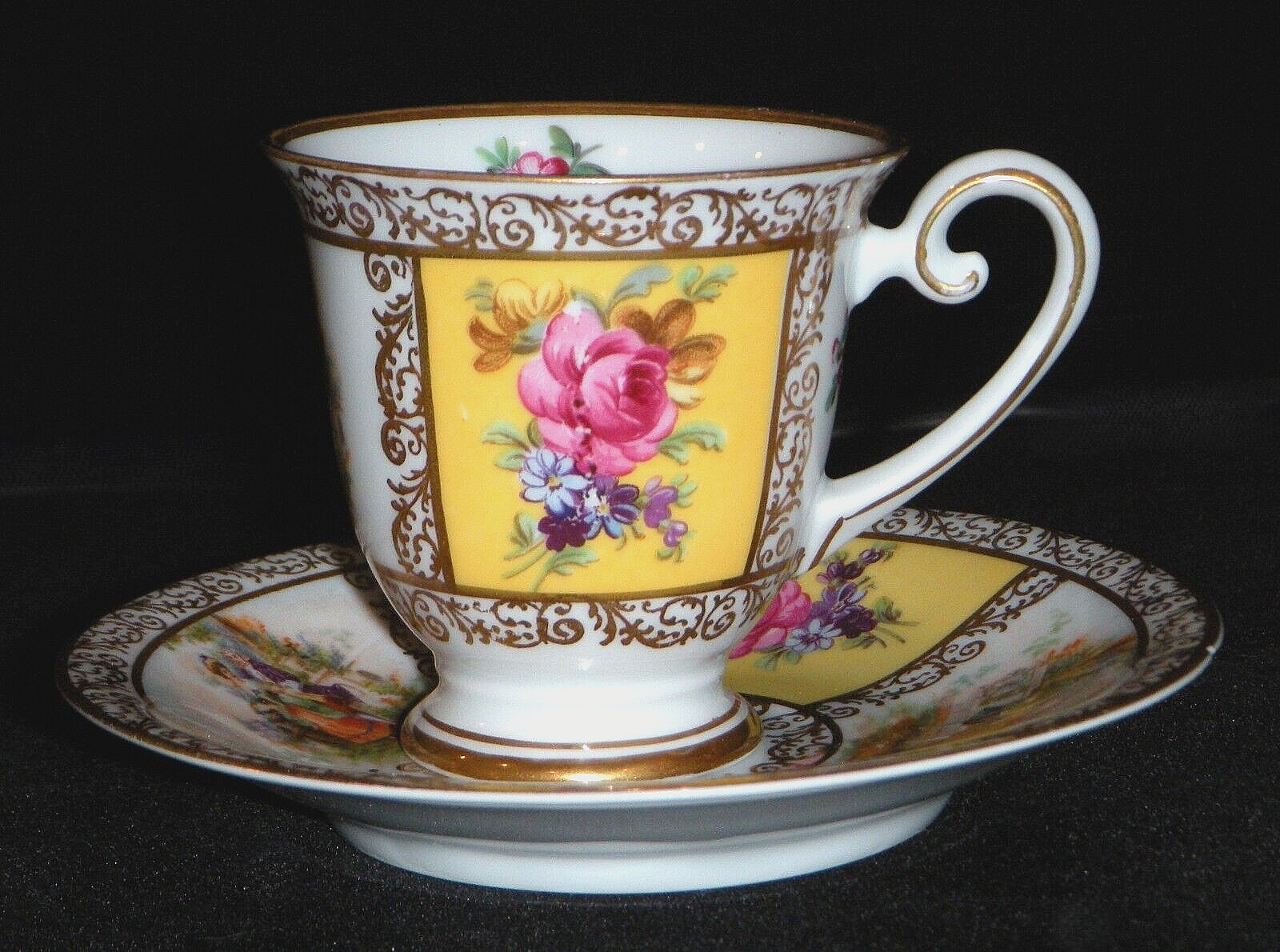 Schumann Royal Bavarian 'Dresdner Art' Yellow Panels Demitasse Cup & Saucer Set
